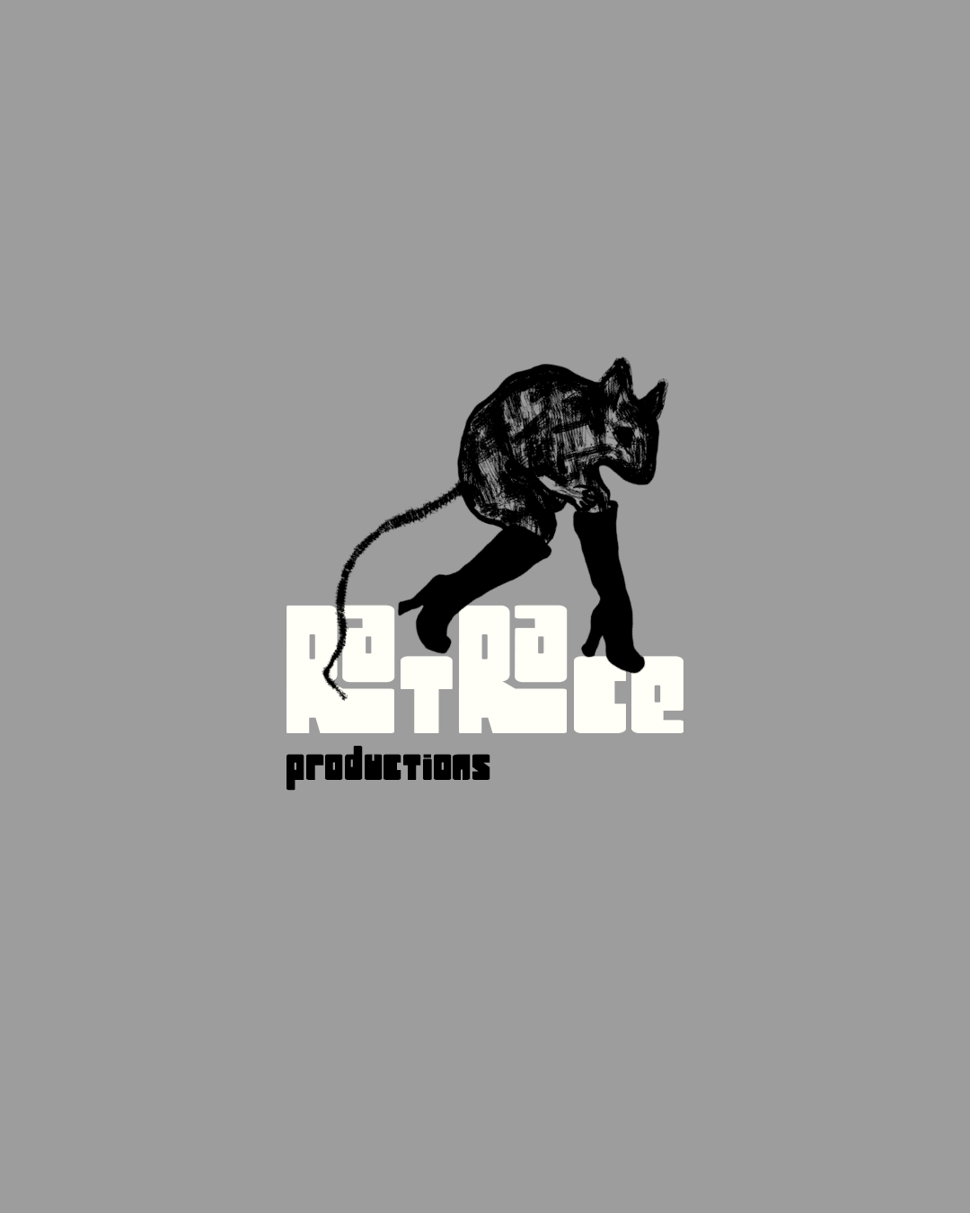 A black cat with a human body wearing black gloves and boots, walking on white blocks with the words 're agency productions' on a gray background.