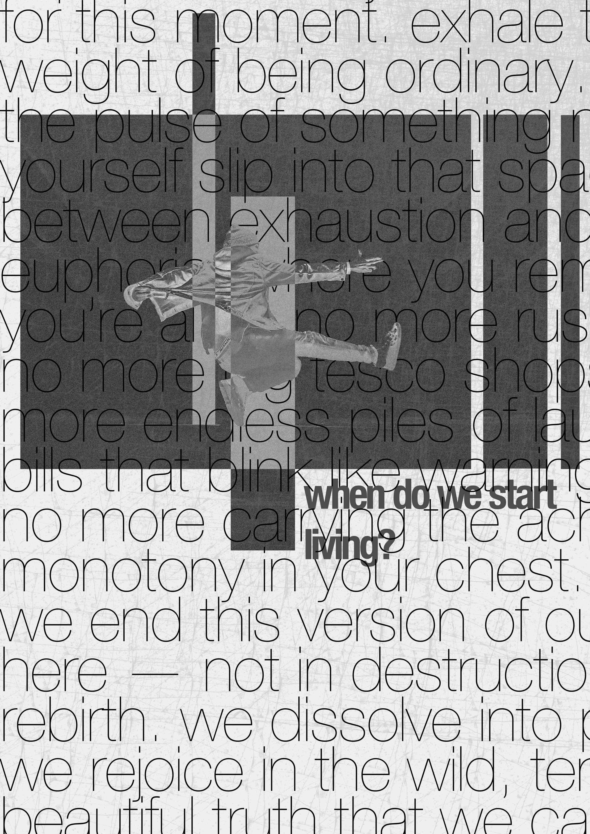 A grayscale image of a person in a running pose with arms extended, set against a background with large, overlapping text and a pattern of fine lines.