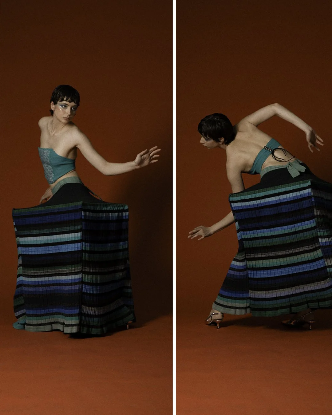 Split image of a person with short dark hair posing on a red background, wearing a teal strapless top and a multicolored plaid skirt, with one side showing a frontal pose and the other a side pose, capturing movement and fashion.