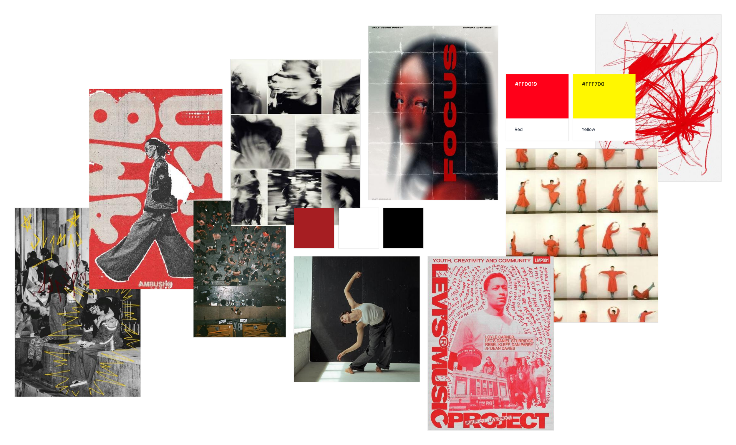 Collage of various artistic and fashion photography, including black-and-white and color images of people, abstract designs, and text in different styles.