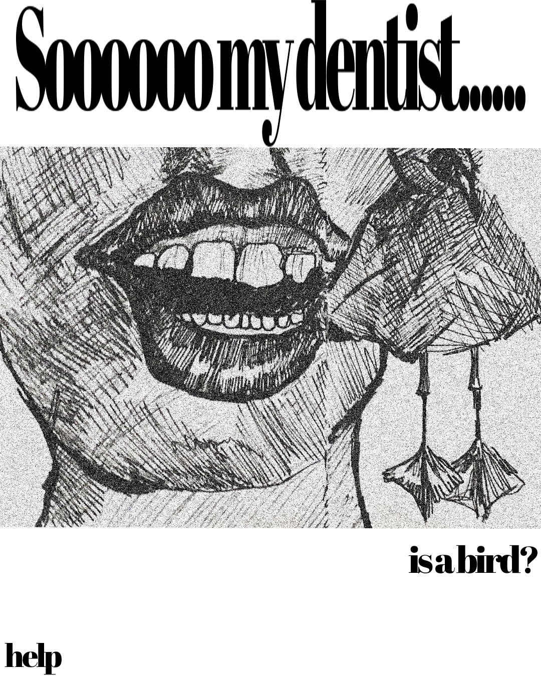A black and white sketch of a smiling person, with text at the top saying 'So... my dentist...' and at the bottom asking 'is a bird?' with the word 'help' in the lower left corner.