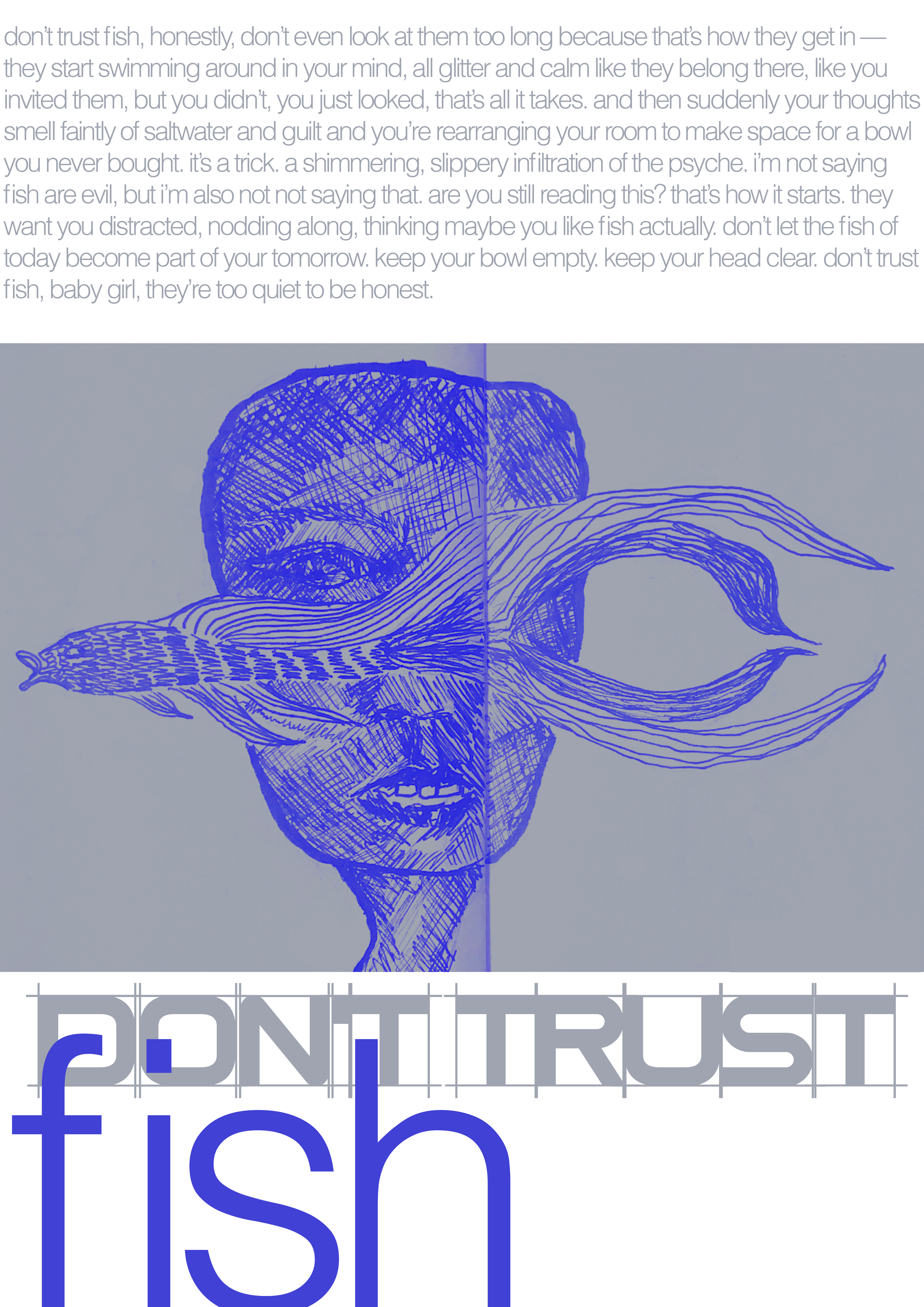Illustration of a deconstructed blue fish head with lines indicating details and contours, accompanied by text about trusting fish.