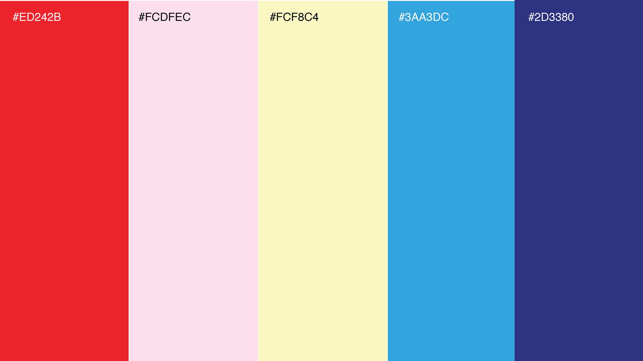 A color palette featuring six vertical color swatches labeled with their HEX codes: bright red (#ED242B), light pink (#FCDFEC), pale yellow (#FCF8C4), sky blue (#3AA3DC), and dark blue (#2D3380).