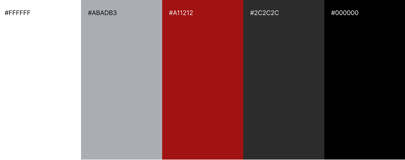 Image showing a linear gradient with distinct color sections labeled by their hexadecimal color codes: white (#FFFFFF), light gray (#ABADB3), red (#A11212), dark gray (#2C2C2C), and black (#000000).