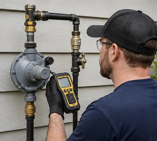 A man wearing a cap, glasses, and gloves is inspecting a water meter with a digital meter tool outside a house.