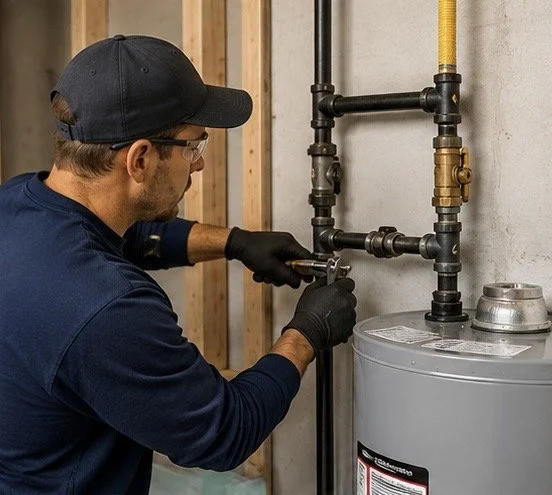 A man wearing glasses, a black cap, a navy shirt, and gloves working on plumbing pipes next to a water heater.