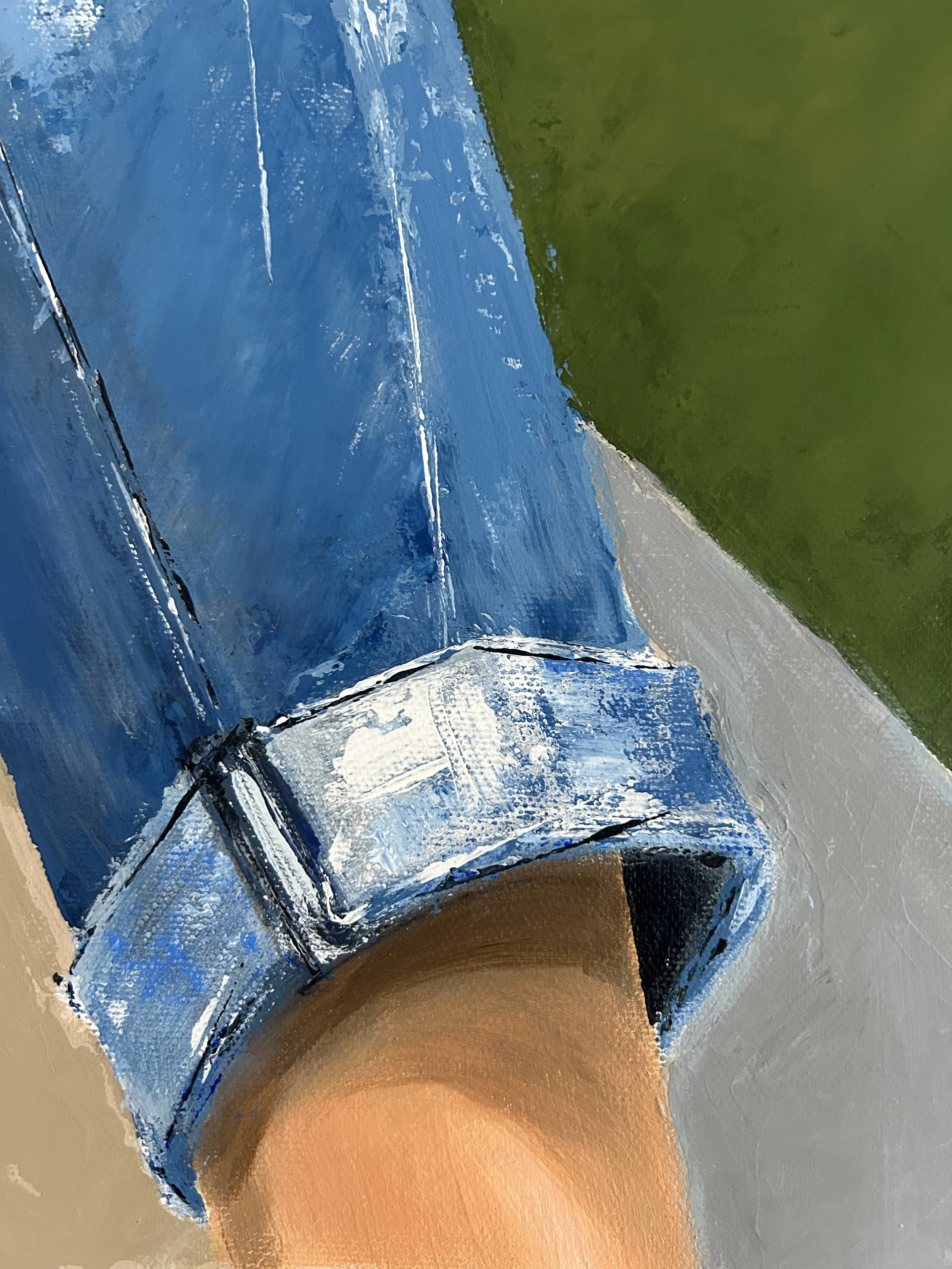 Close-up detail of Downward Shift, showing blue denim, warm skin tones and visible acrylic brushwork and texture.