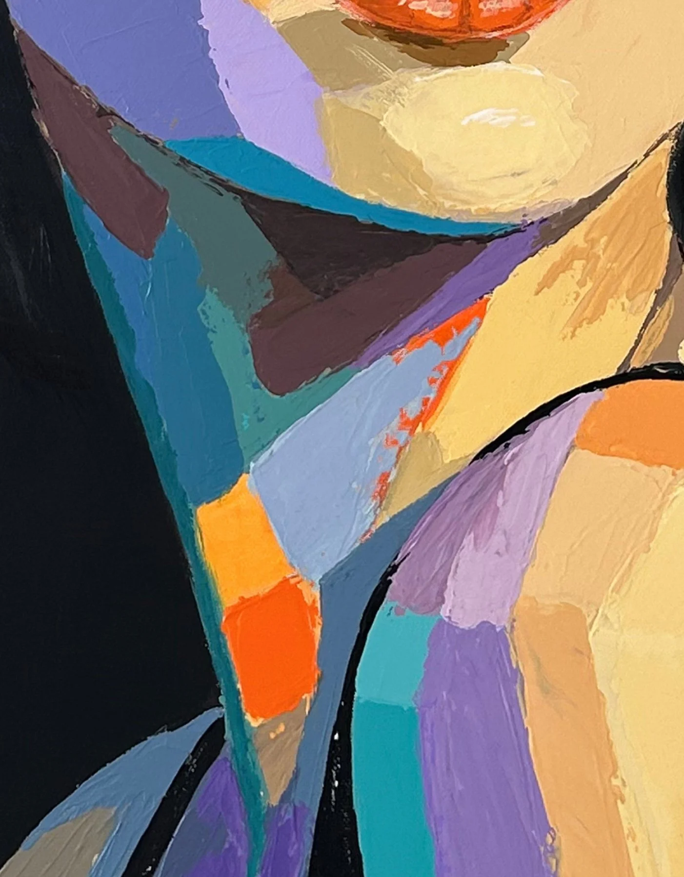 Close-up of Blue Distance showing the lower face, neck and shoulder built from turquoise, violet, orange, beige and blue colour planes.