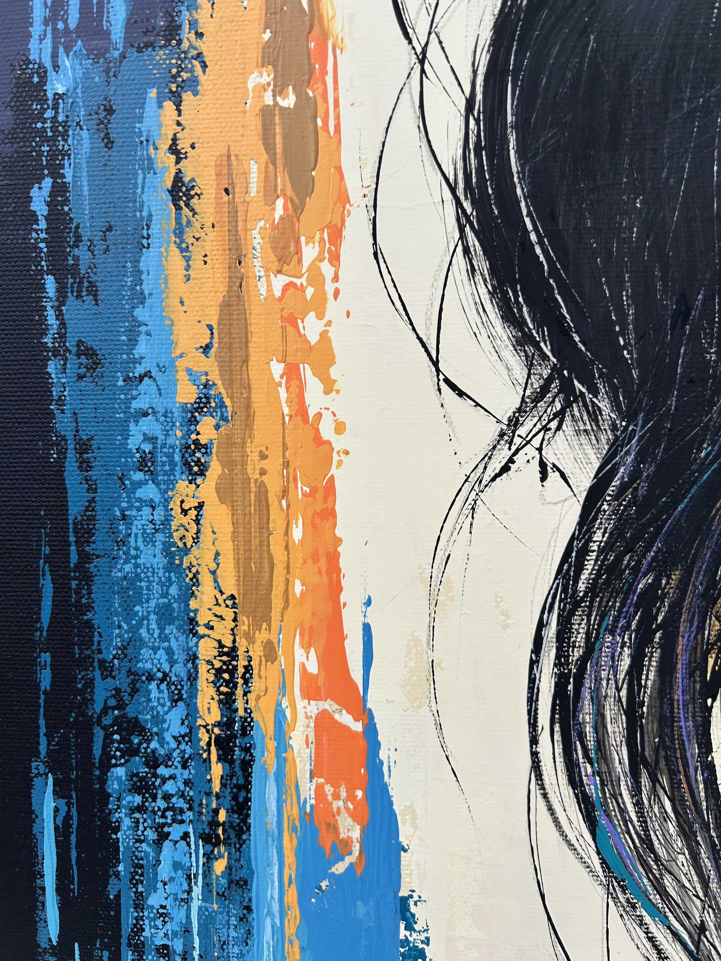 Close-up of Black Current showing blue, turquoise and orange vertical paint marks, scraped acrylic edges and adjacent dark hair.
