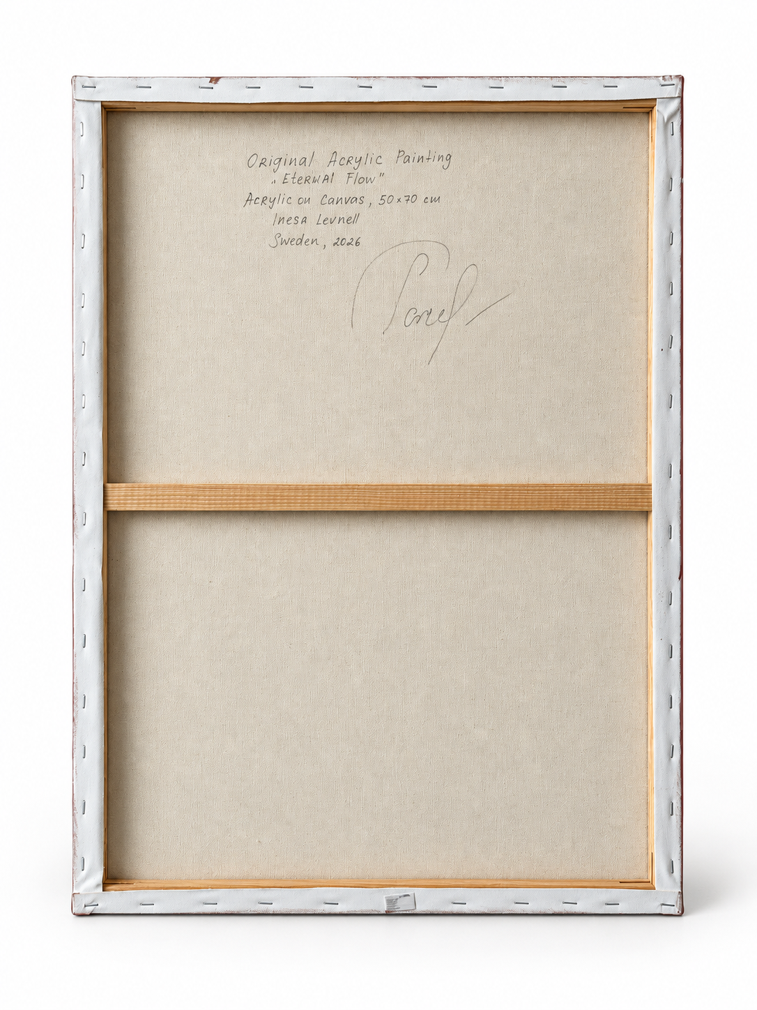 Back view of Eternal Flow, showing the original stretched canvas, wooden stretcher bars and handwritten artwork details.