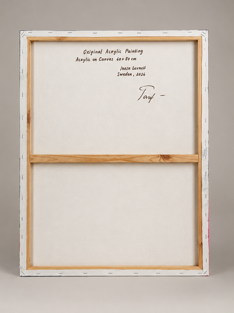 Back view of No Apologies, showing the original stretched canvas, wooden stretcher bars and handwritten artwork details.