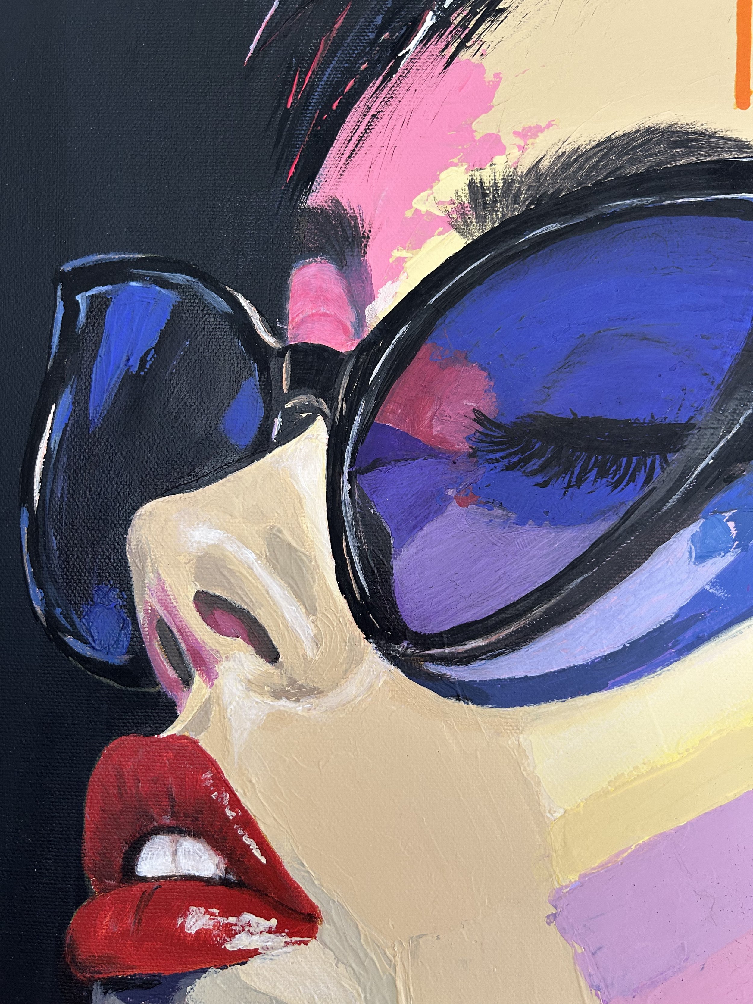 Close-up of Rose Signal showing oversized dark sunglasses, red lips, black hair and visible acrylic colour planes and brush texture.