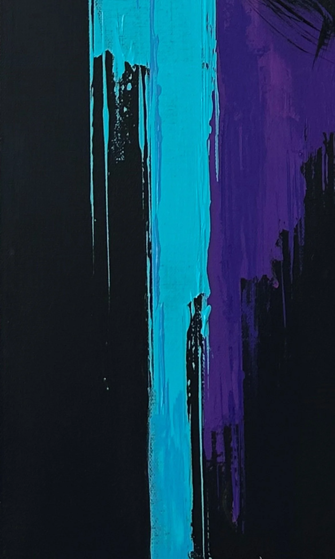 Close-up of Blue Distance showing turquoise and violet vertical paint marks, dark background areas and visible acrylic texture.