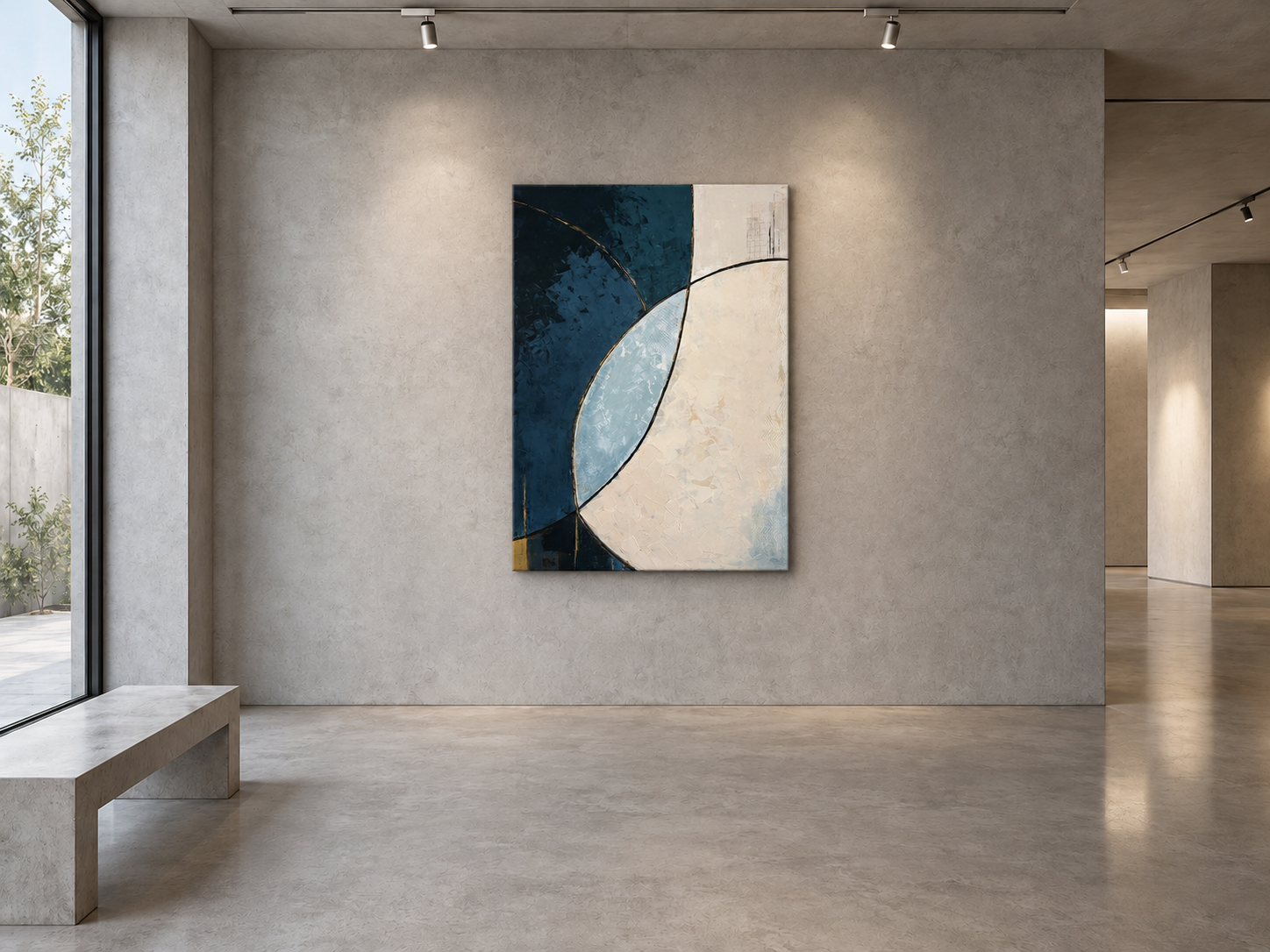 Fragments of Silence displayed as an original acrylic canvas in a minimalist concrete gallery interior.