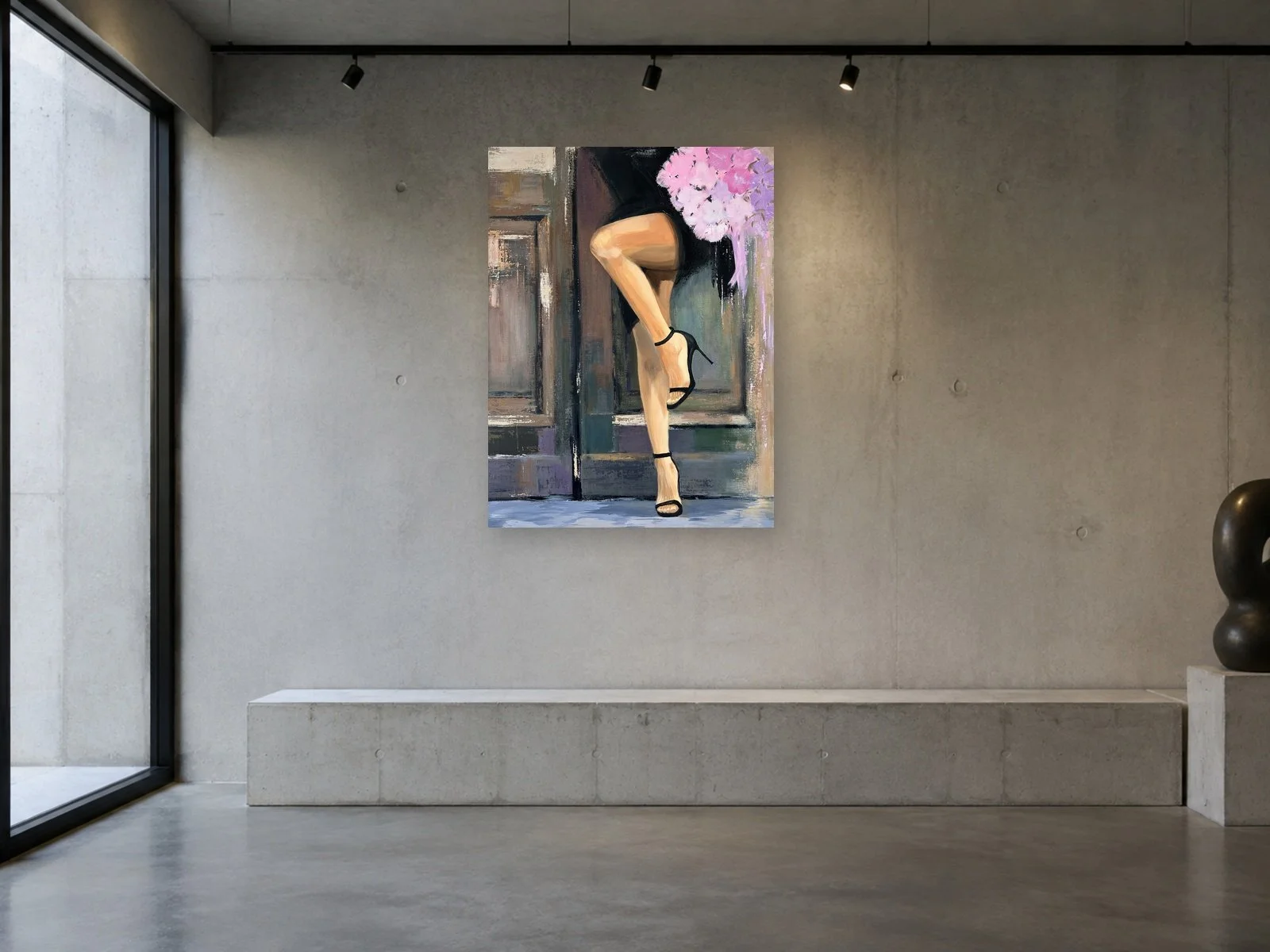 Held Bloom by Inesa Levnell displayed as an unframed acrylic painting in a minimalist concrete gallery interior.