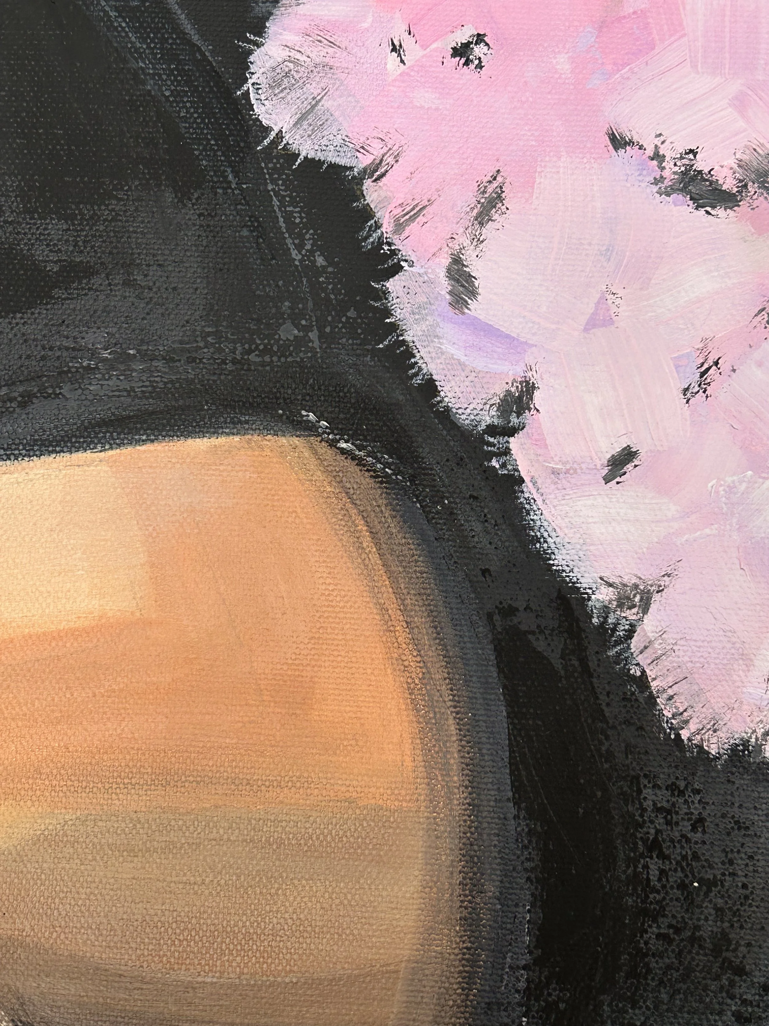 Close-up detail of Held Bloom by Inesa Levnell, showing pink and lilac flowers beside the figure against a deep black painted area.