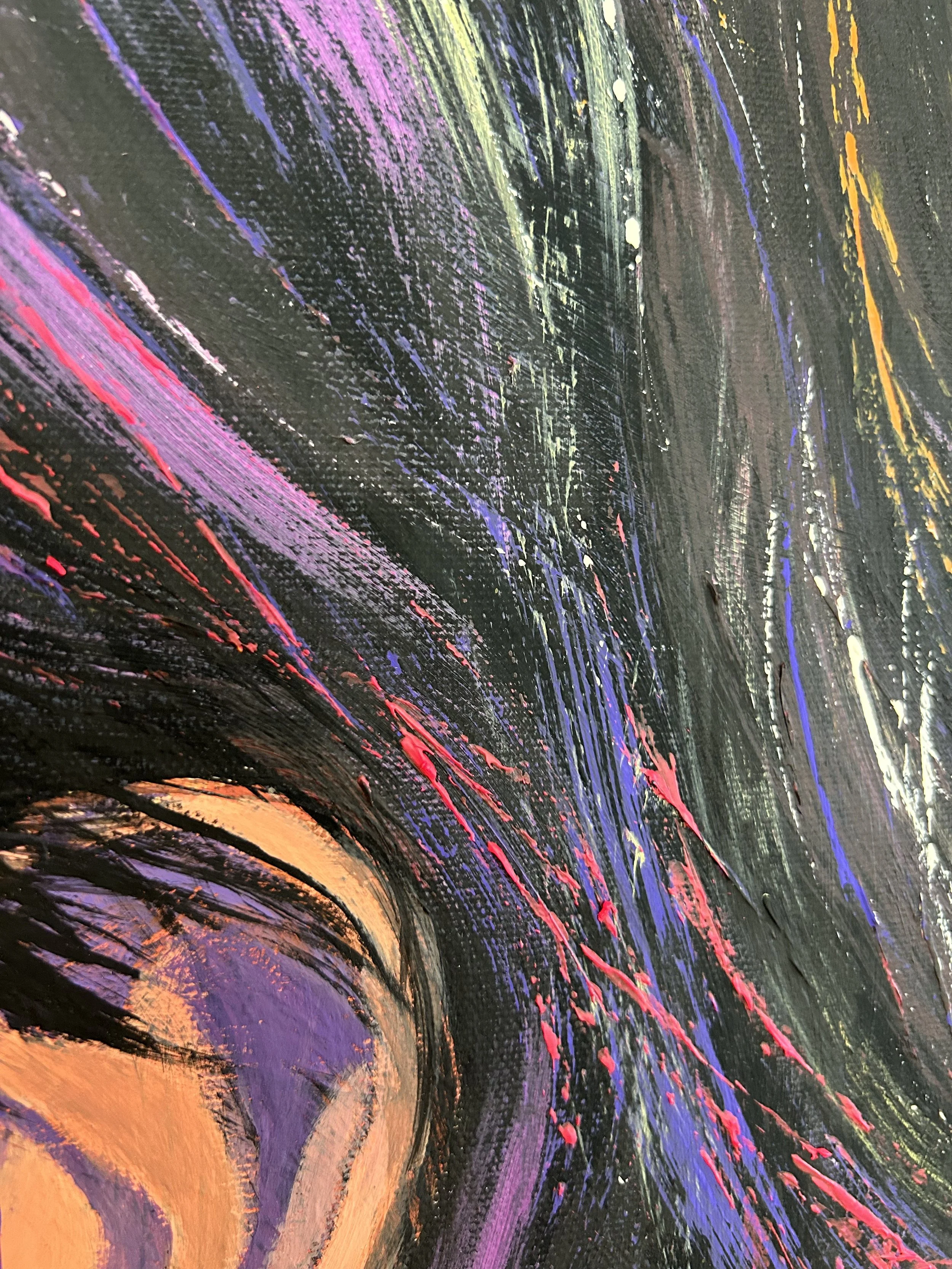 Close-up of Rose Signal showing dark hair painted with sweeping black, violet, pink and orange acrylic brushstrokes.
