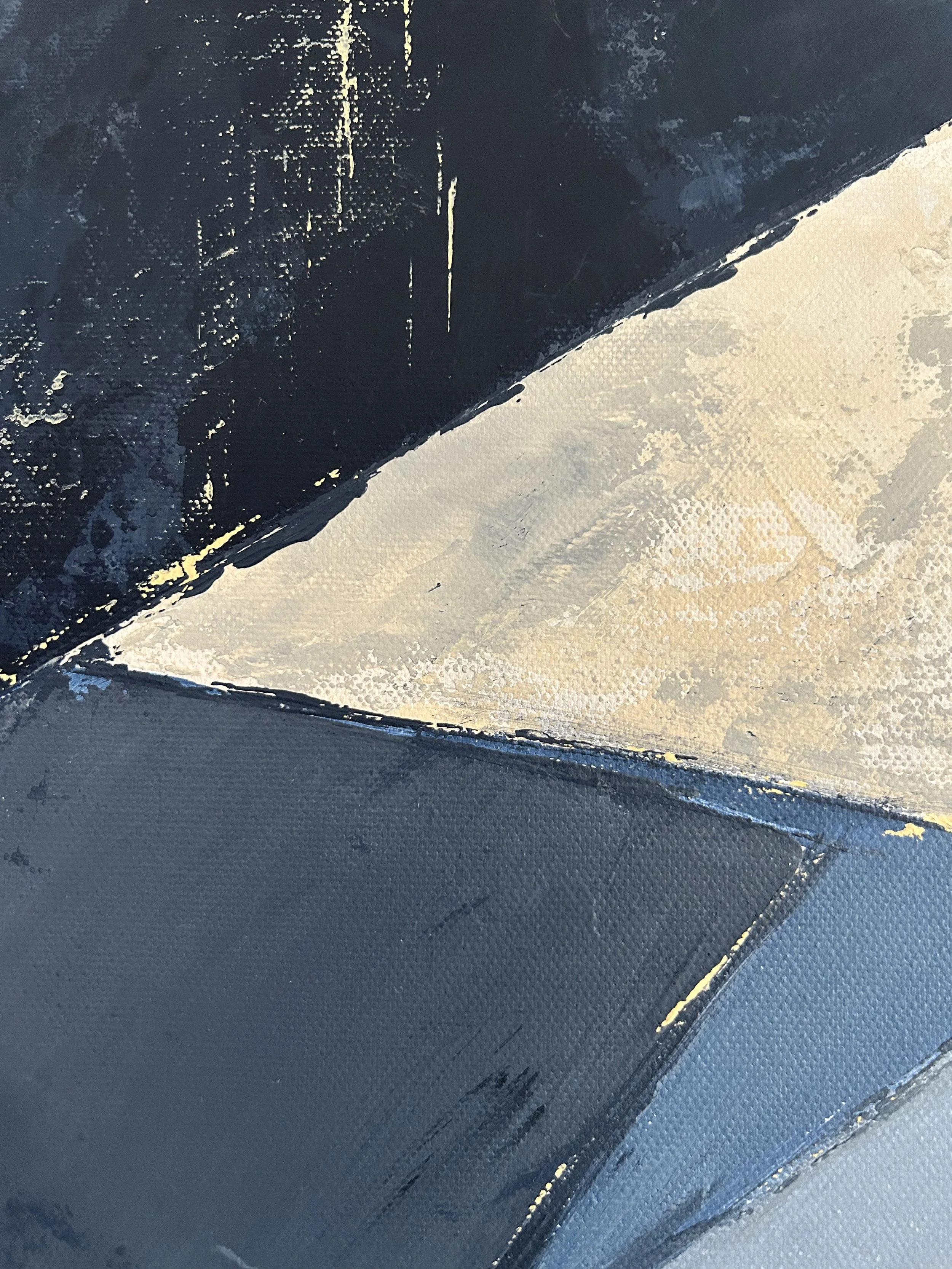 Close-up detail of Downward Shift, showing layered navy, cream and blue-grey acrylic paint with visible brushwork and canvas texture.