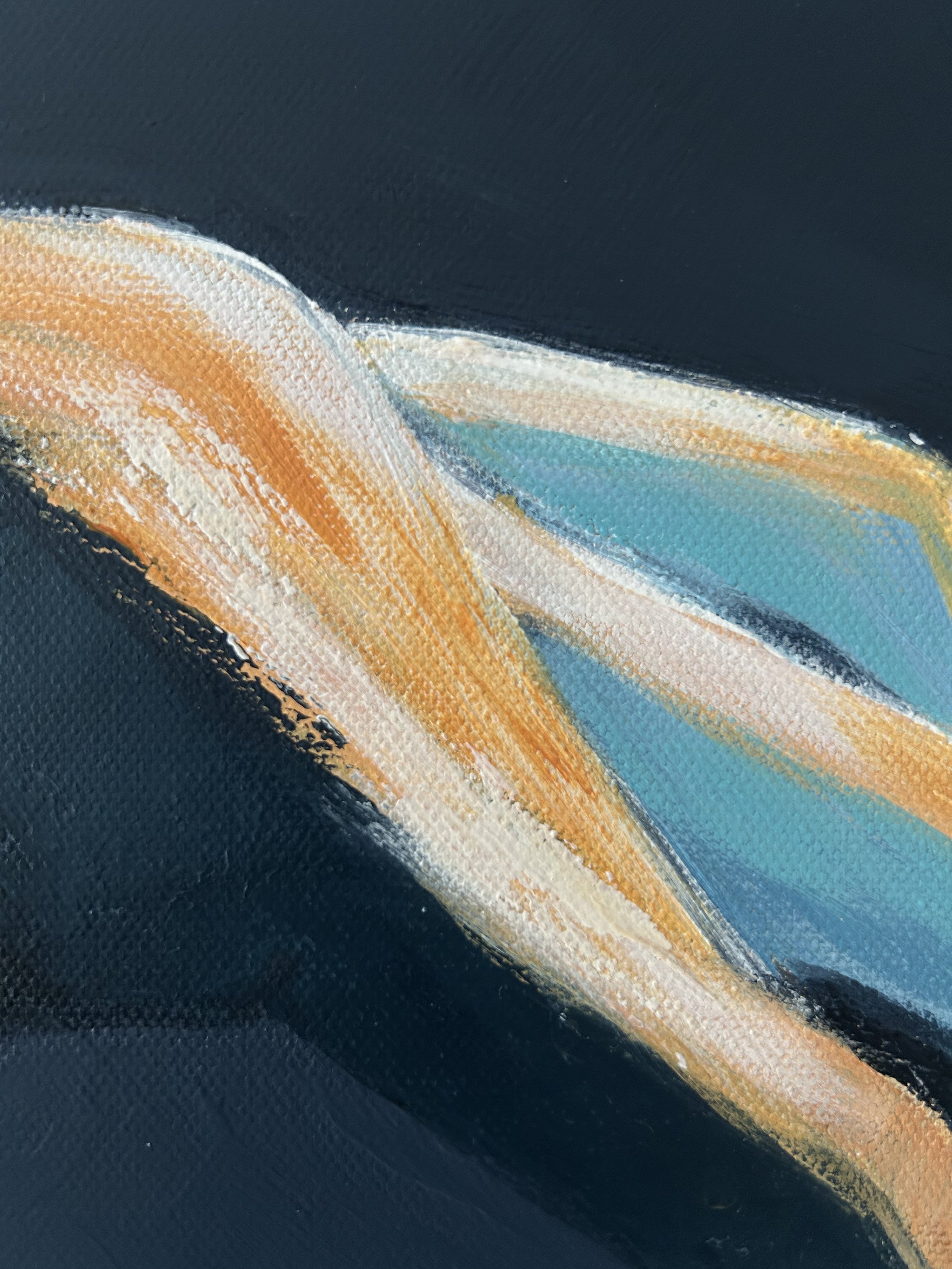 Close-up of Almost Touching by Inesa Levnell, showing warm ochre and white brushstrokes along an arm against turquoise blue and deep navy, with visible acrylic texture.