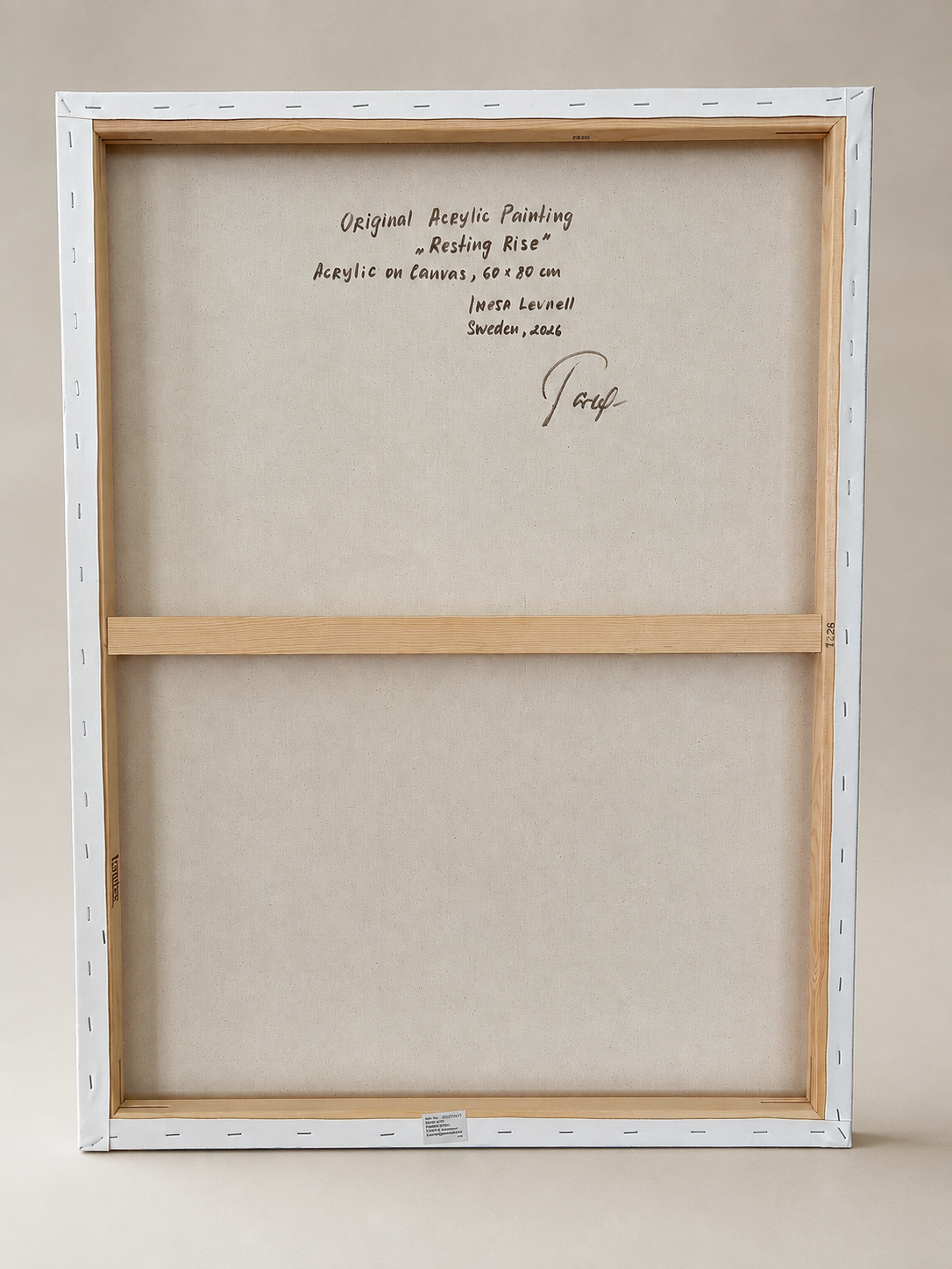 Reverse view of Resting Rise, showing the wooden stretcher frame and gallery-wrapped canvas construction.