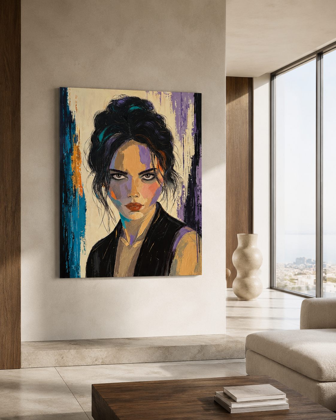Black Current, a vertical acrylic portrait of a dark-haired woman, displayed as an unframed canvas in a light contemporary interior.