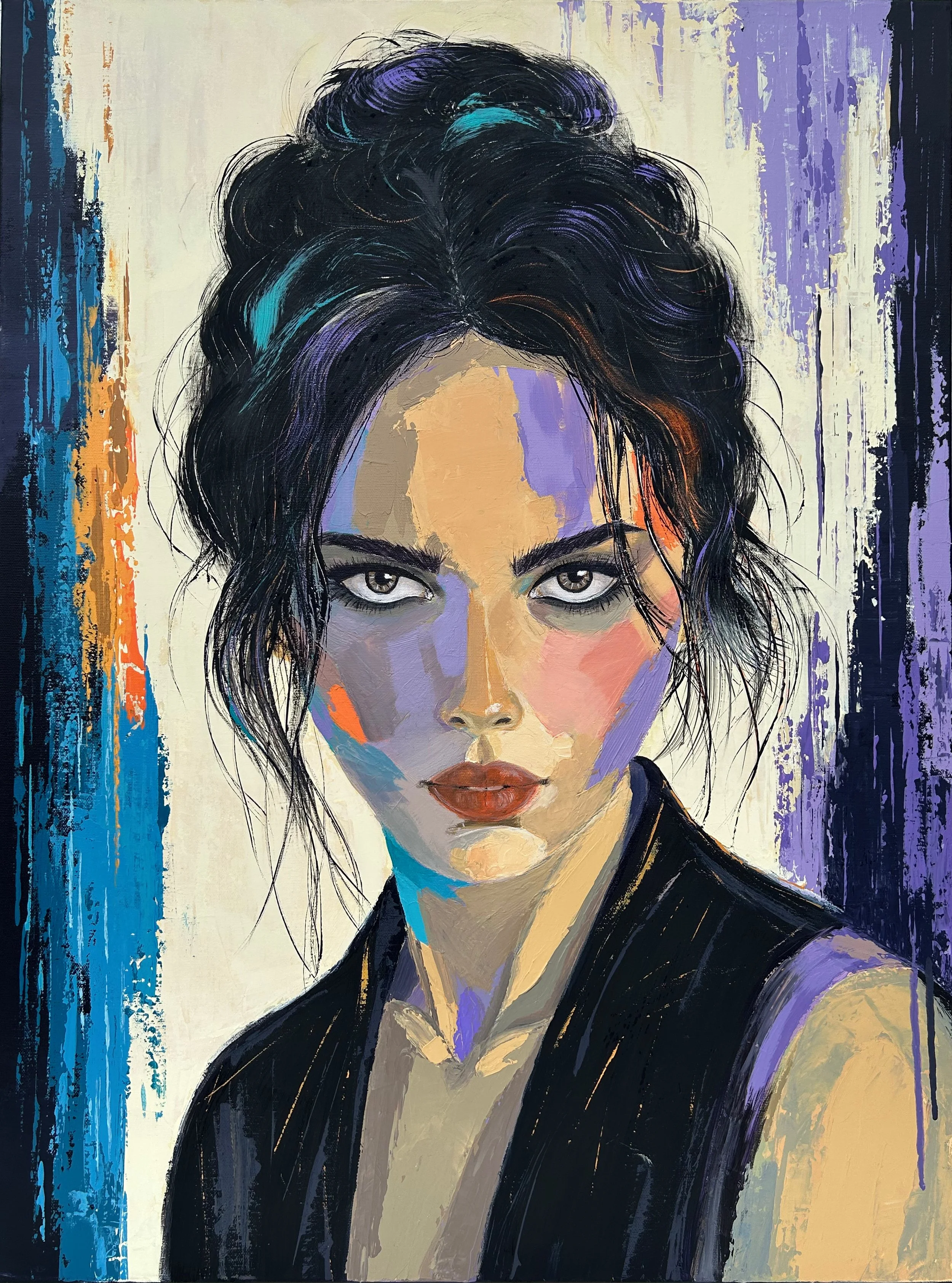 Black Current, a vertical acrylic portrait of a woman with dark hair in a loose updo and a direct gaze, painted in muted ochre, violet, dusty rose and turquoise colour planes against a light background.