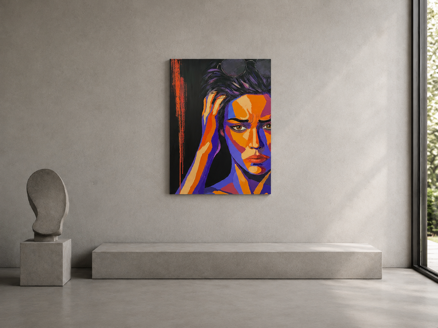 Orange Static displayed as an unframed vertical canvas on a concrete gallery wall beside a minimal bench and abstract sculpture.