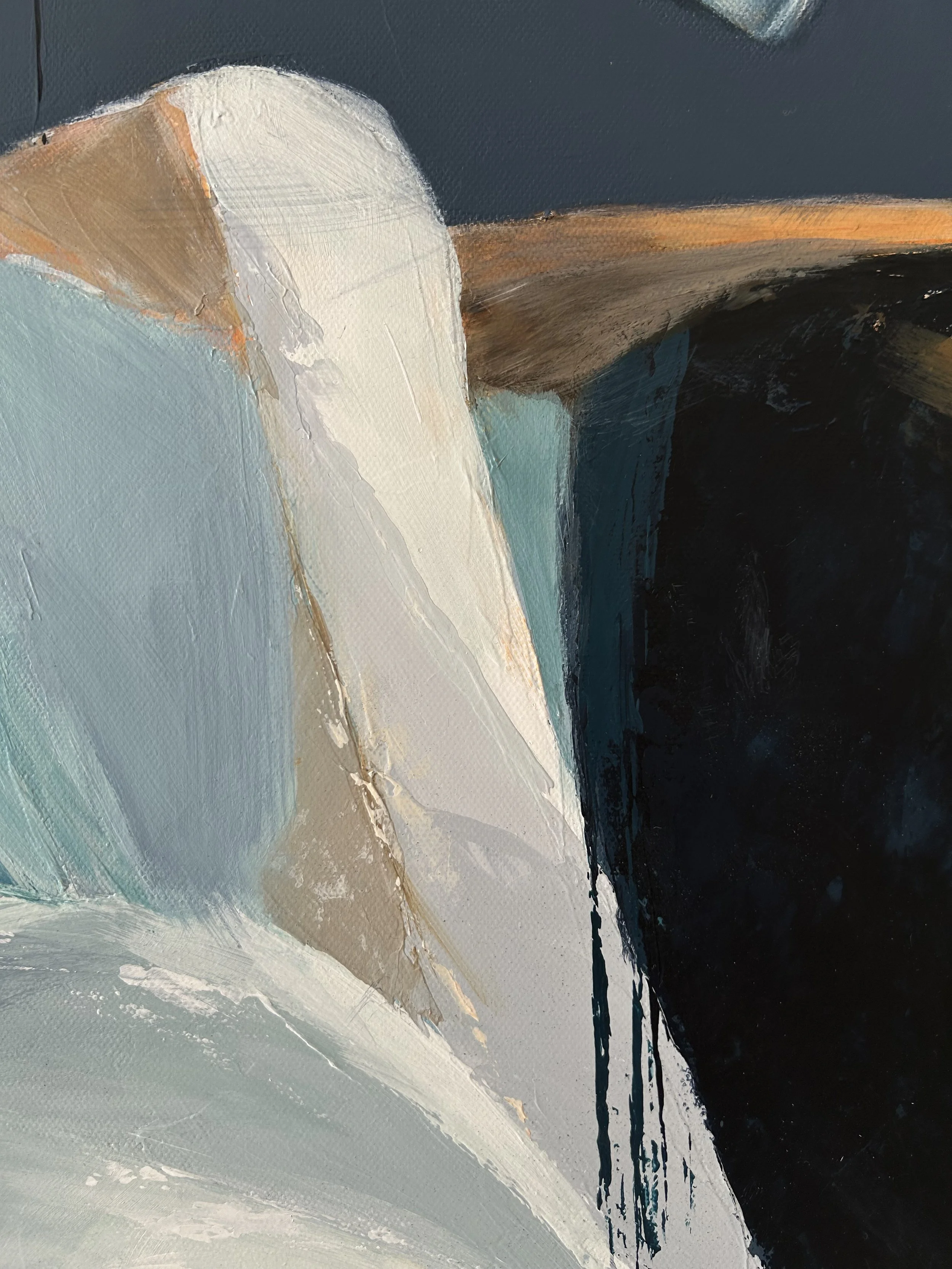 Close-up of Almost Touching by Inesa Levnell, showing layered pale blue, ivory and warm brown acrylic brushstrokes, textured paint edges and dark navy areas with vertical paint drips.