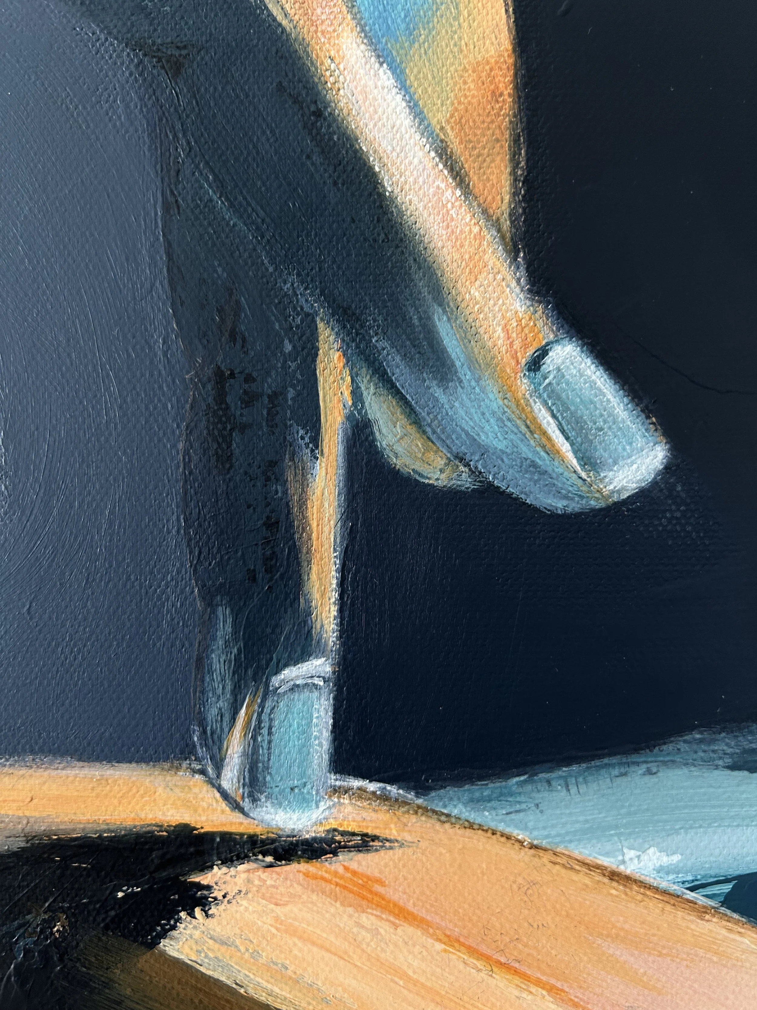 Close-up of Almost Touching by Inesa Levnell, showing two blue-painted fingernails, with one fingertip resting against warm skin tones and expressive brushstrokes on a dark navy background.
