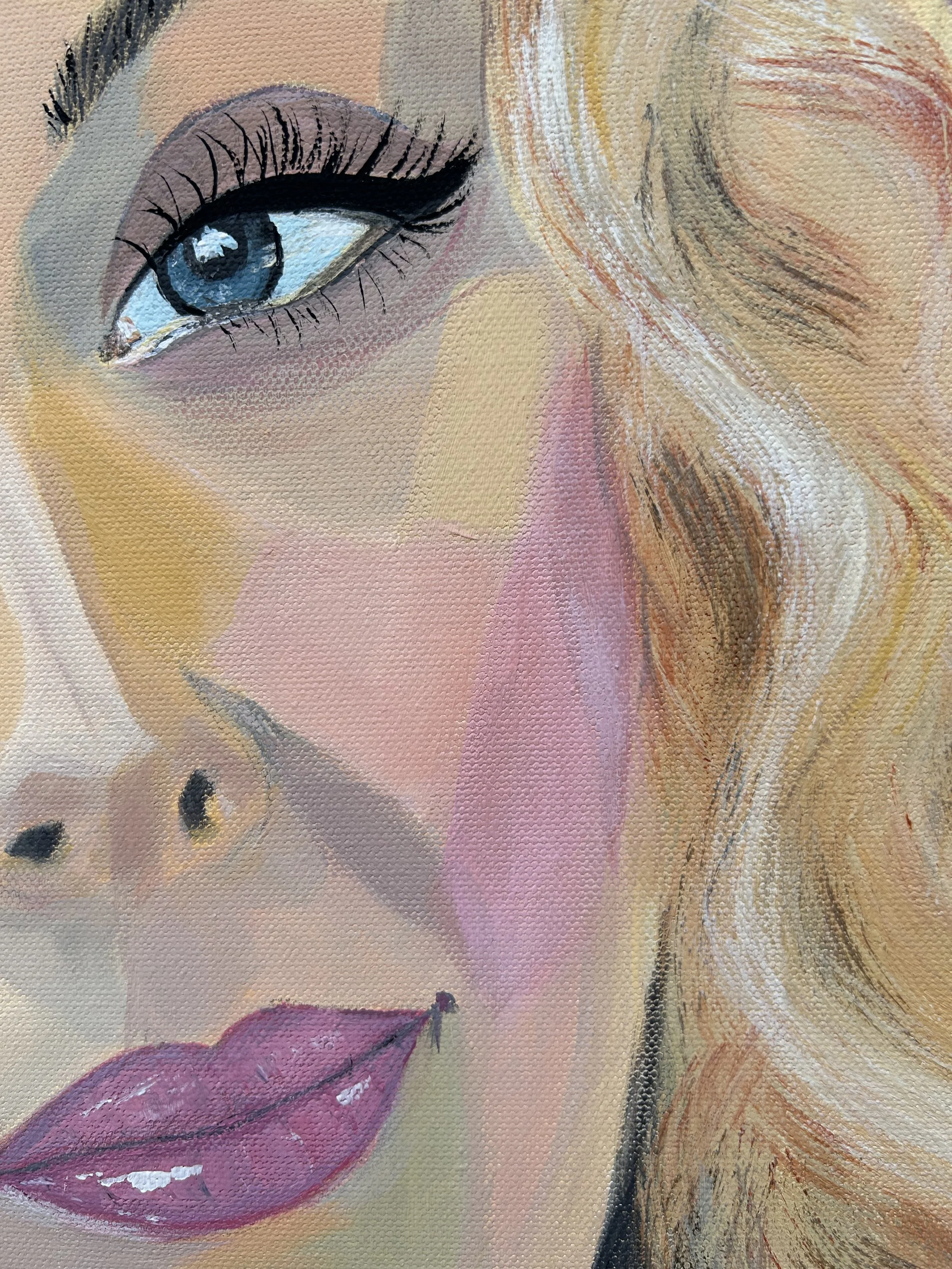 Close-up of Soft Return showing the blue eyes, softly painted lips, warm and cool facial colour planes, and blonde curls.