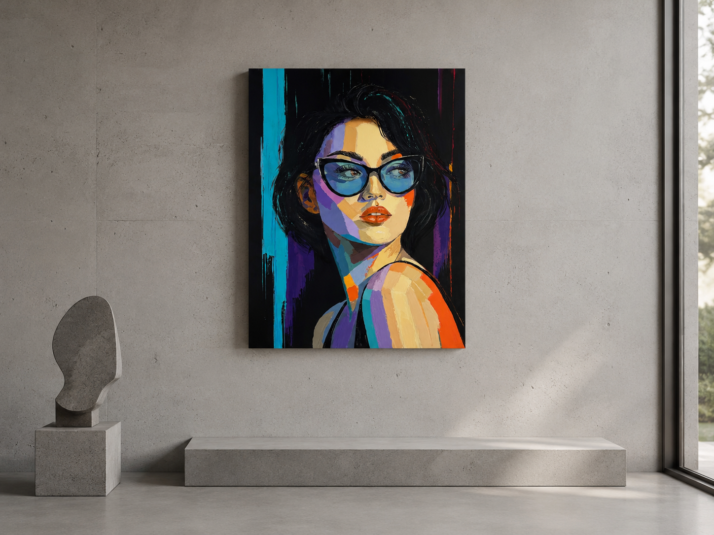 Blue Distance, a vertical acrylic portrait of a dark-haired woman in blue-tinted glasses, displayed as an unframed canvas on a concrete gallery wall.