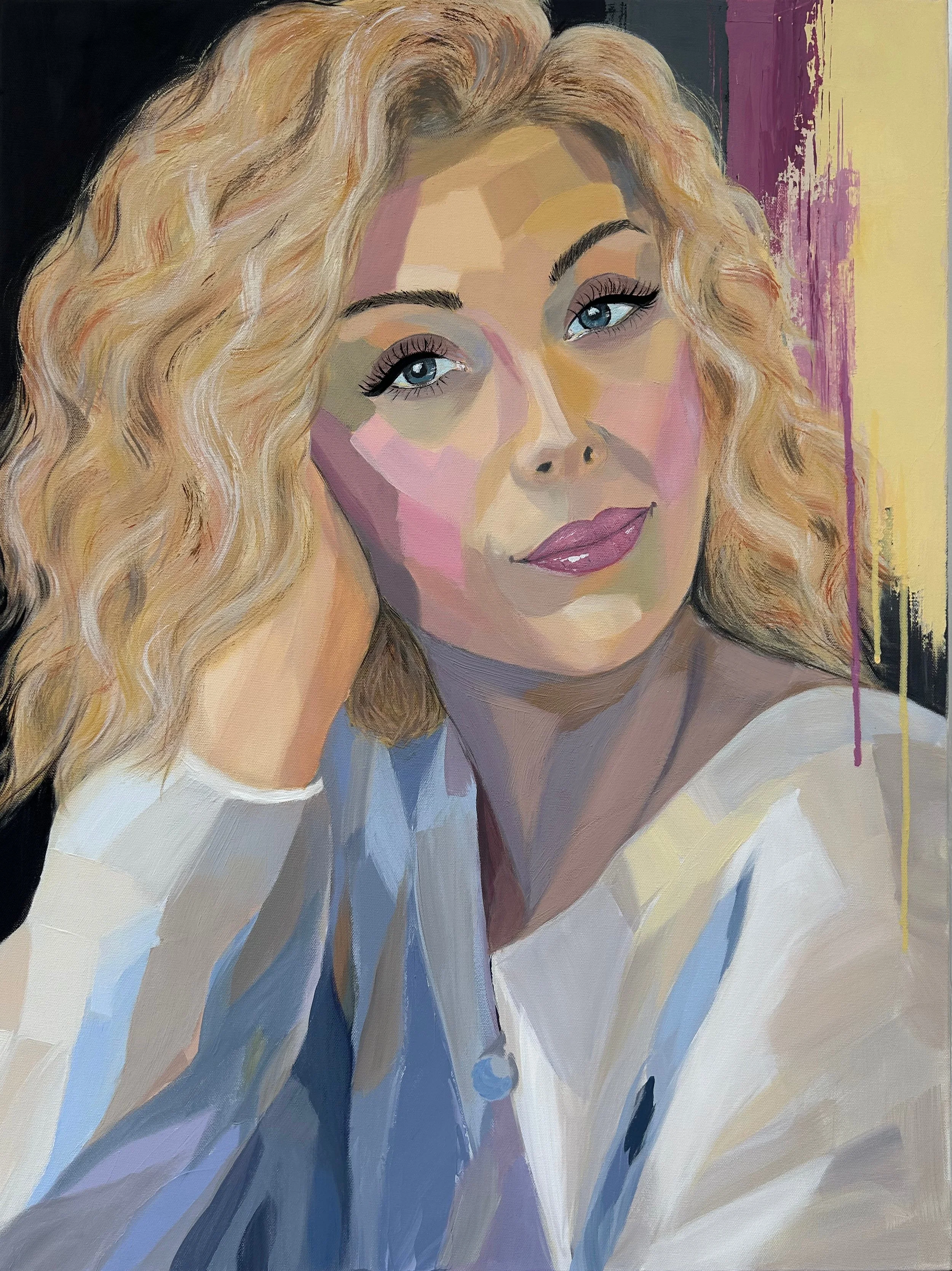 Soft Return, a vertical acrylic portrait of a blonde woman with softly curled hair, a calm gaze and a pale garment painted in broad warm and cool colour planes.