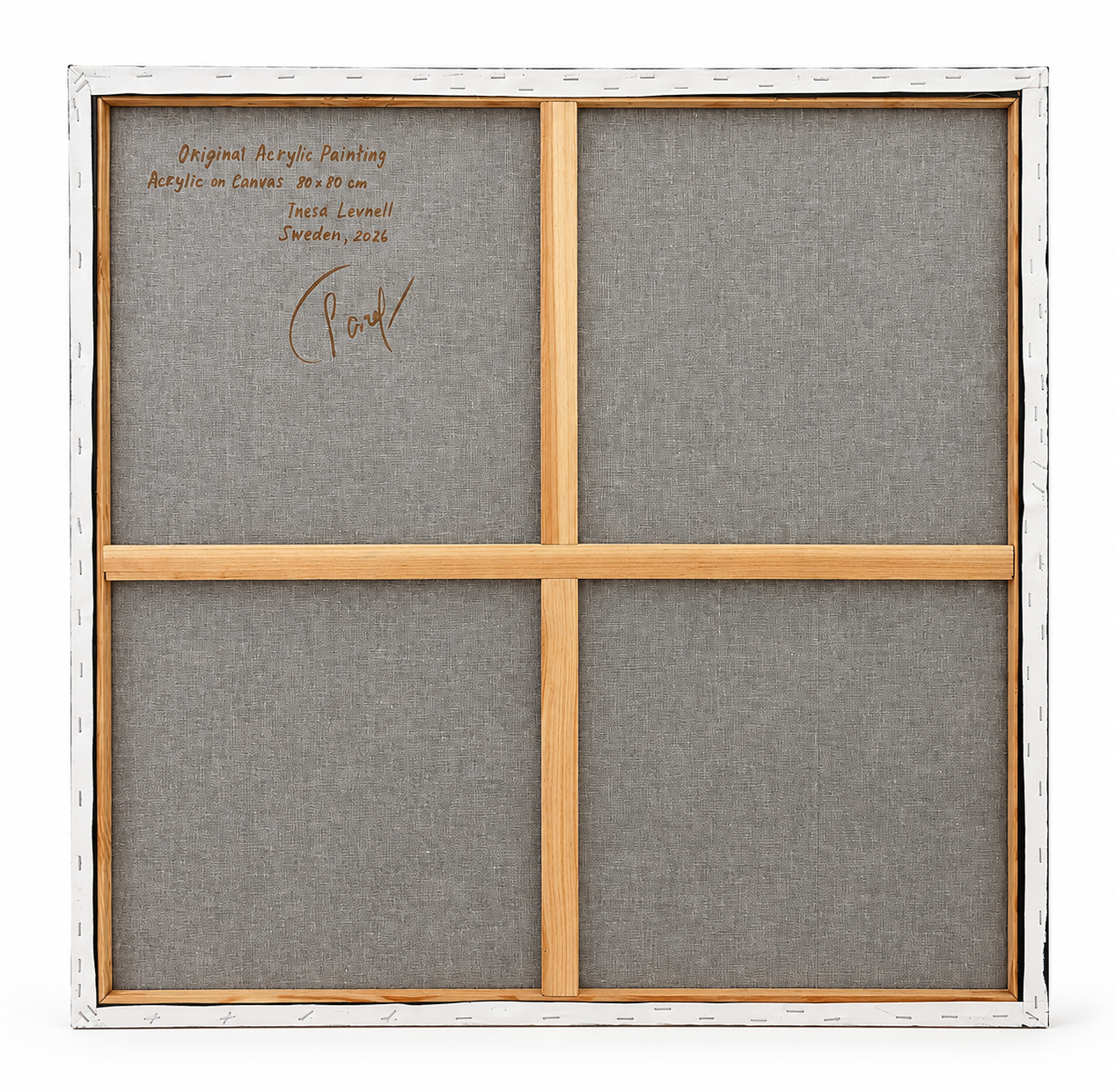 Back view of Beyond Reach, showing the original stretched canvas, wooden stretcher bars and handwritten artwork details.
