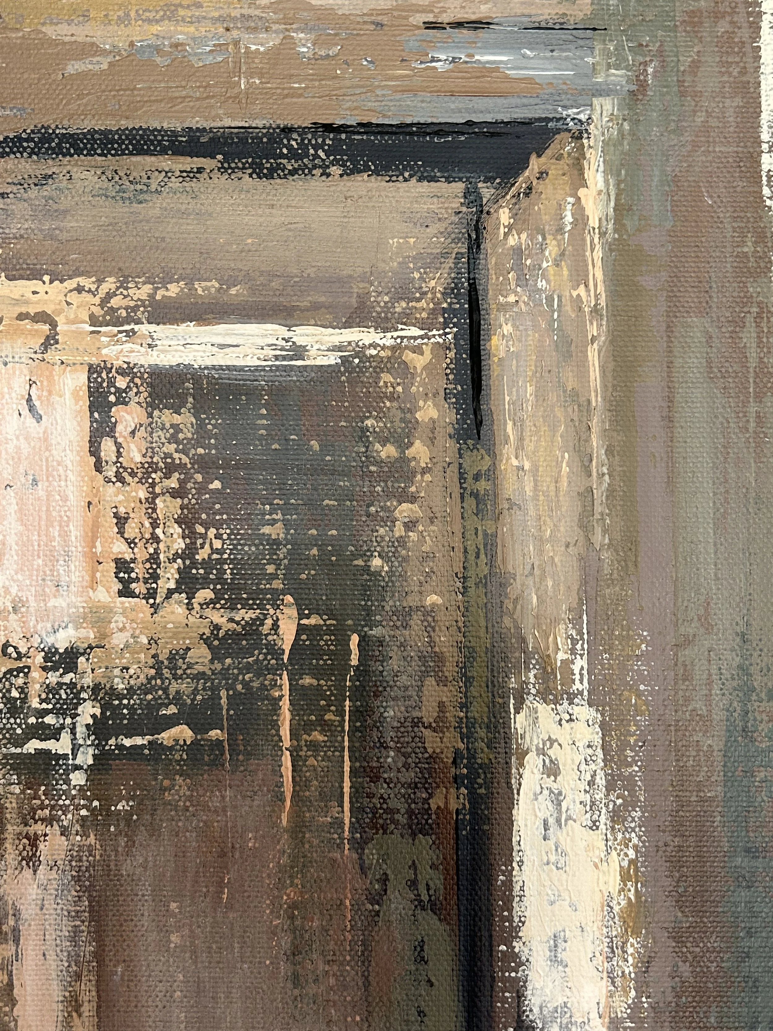 Close-up detail of Held Bloom by Inesa Levnell, showing layered grey, brown and cream acrylic brushwork and textured background marks.