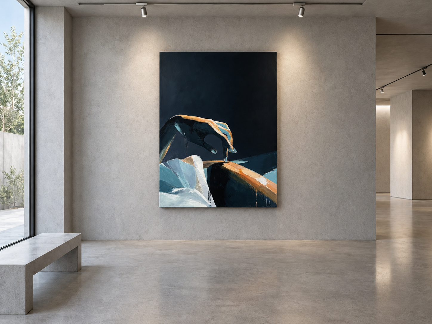 Almost Touching displayed as an original acrylic canvas in a minimalist concrete gallery interior.