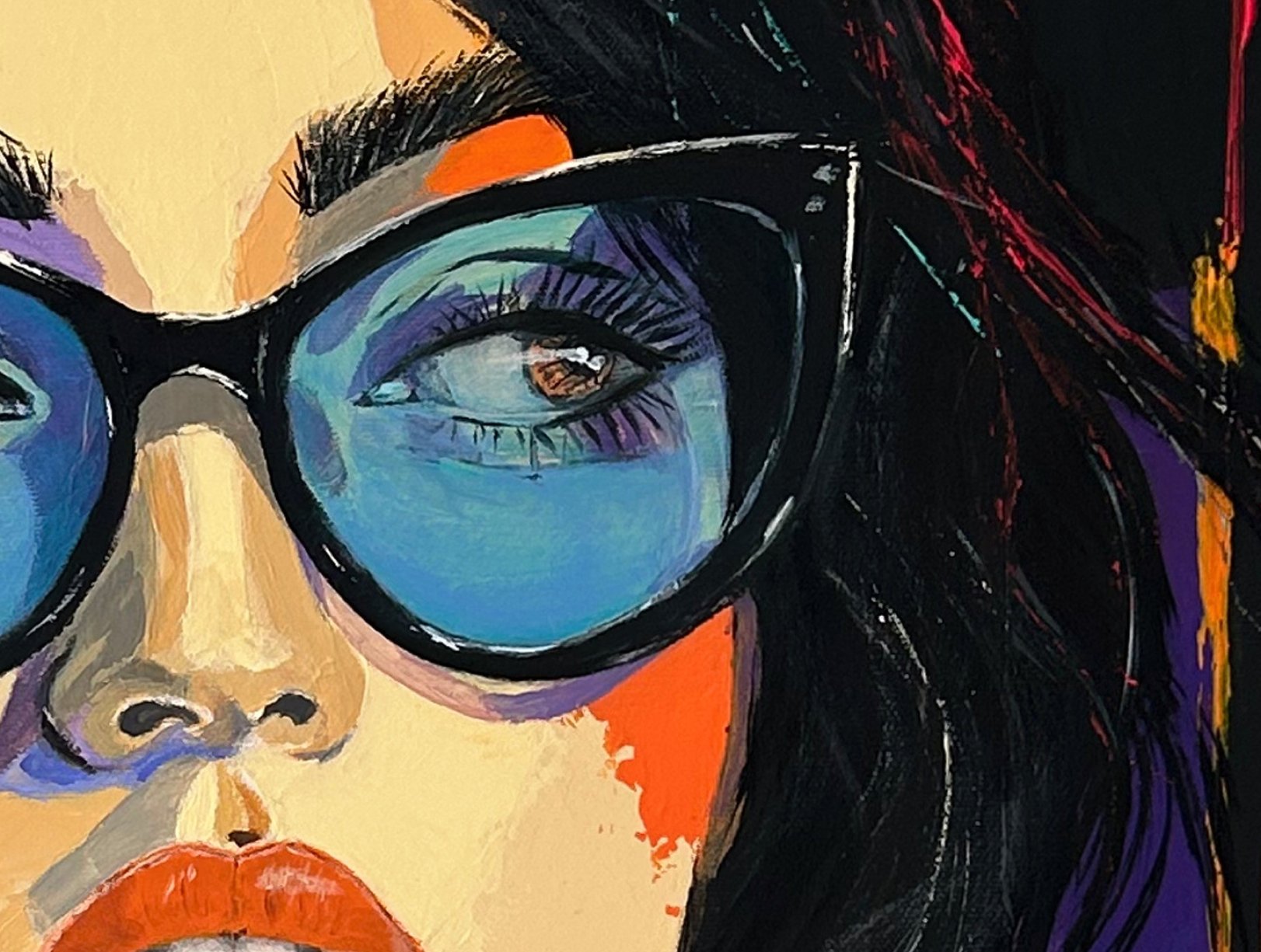 Close-up of Blue Distance showing one eye behind blue-tinted glasses, black hair, orange lips and visible acrylic brush texture.
