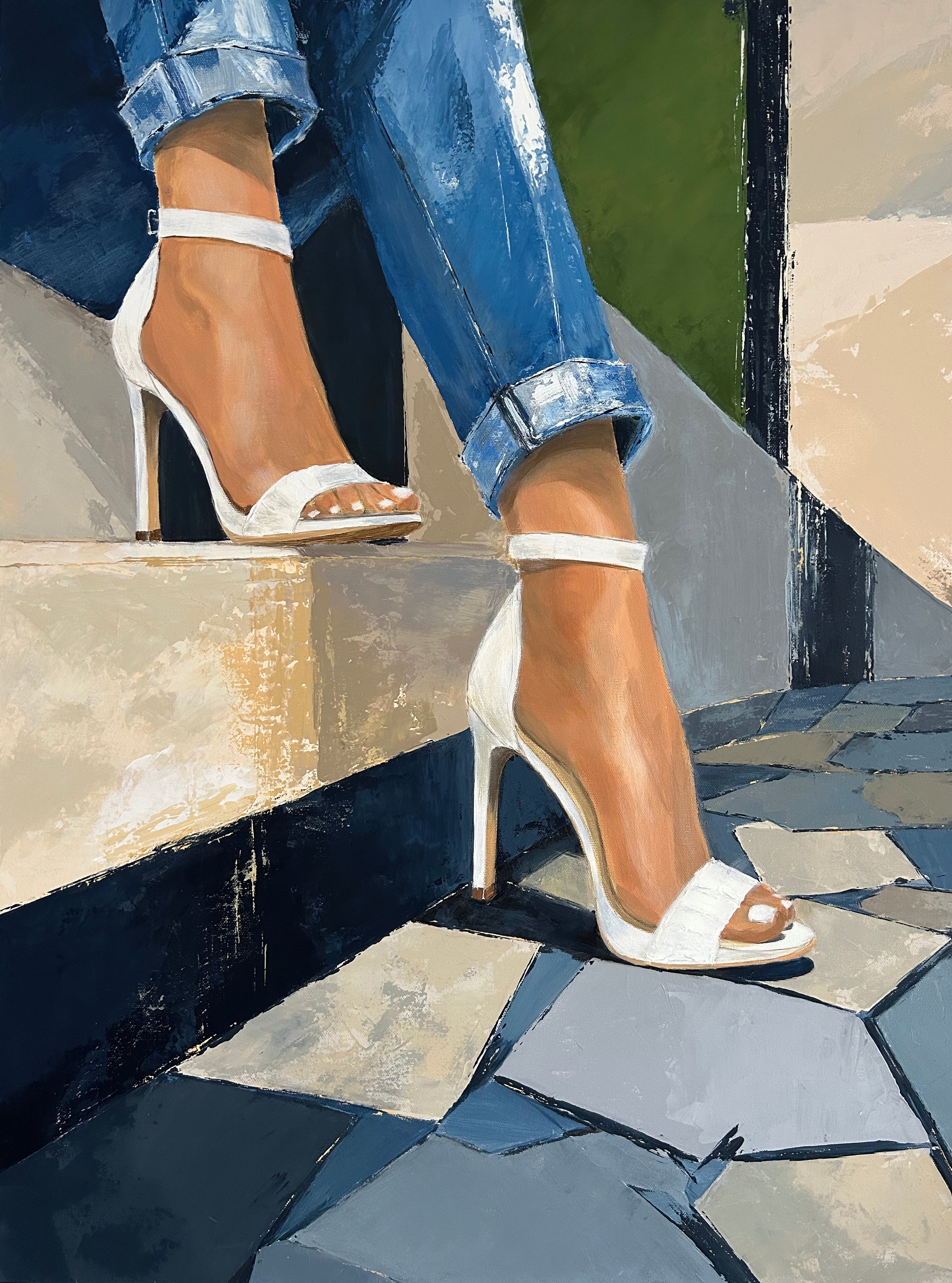 Close-up of Downward Shift, an original acrylic painting showing a woman’s legs in white high heels descending architectural steps.