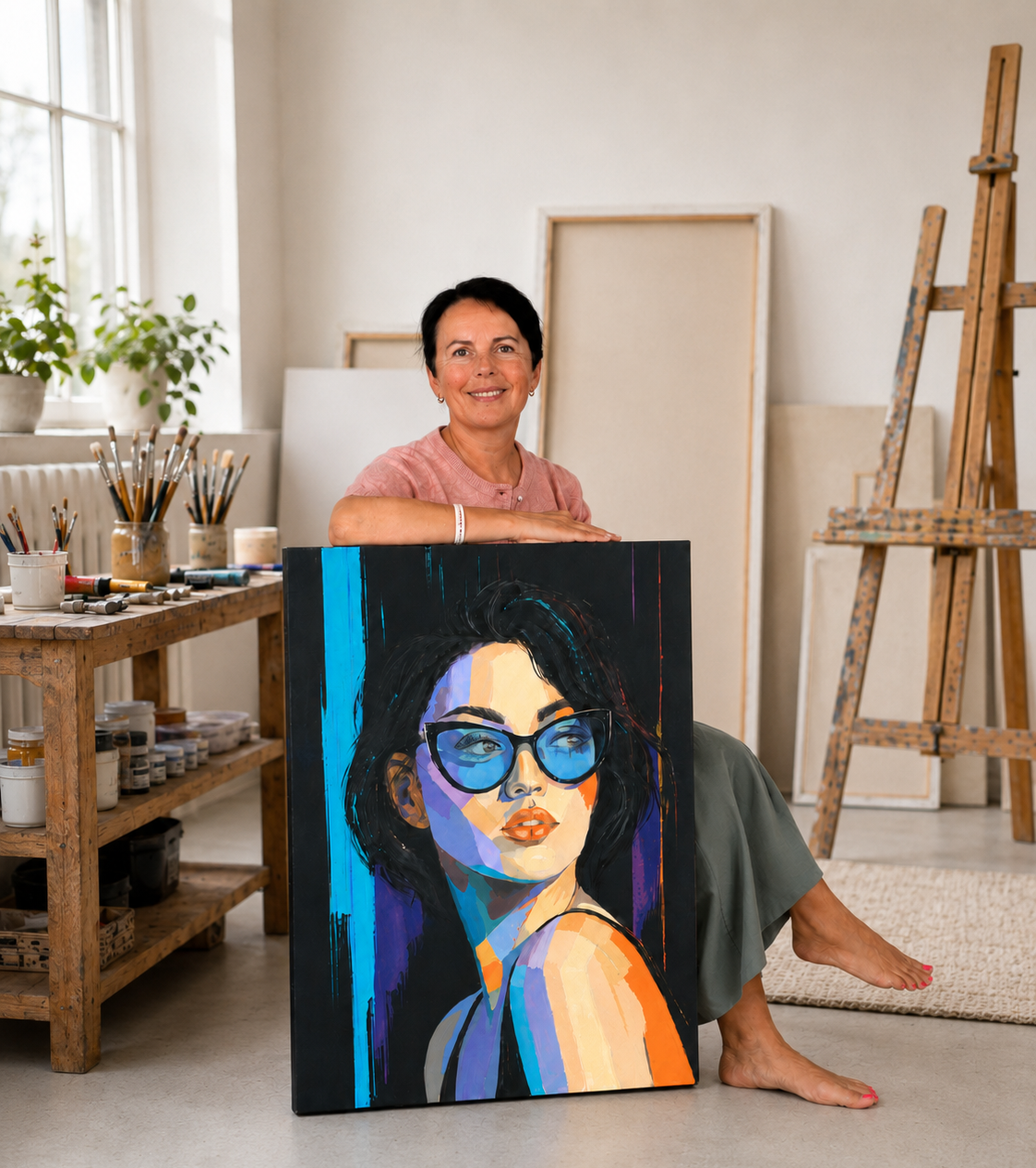 Artist Inesa Levnell seated in her studio holding Blue Distance, a vertical acrylic portrait with blue-tinted glasses and bold colour planes.