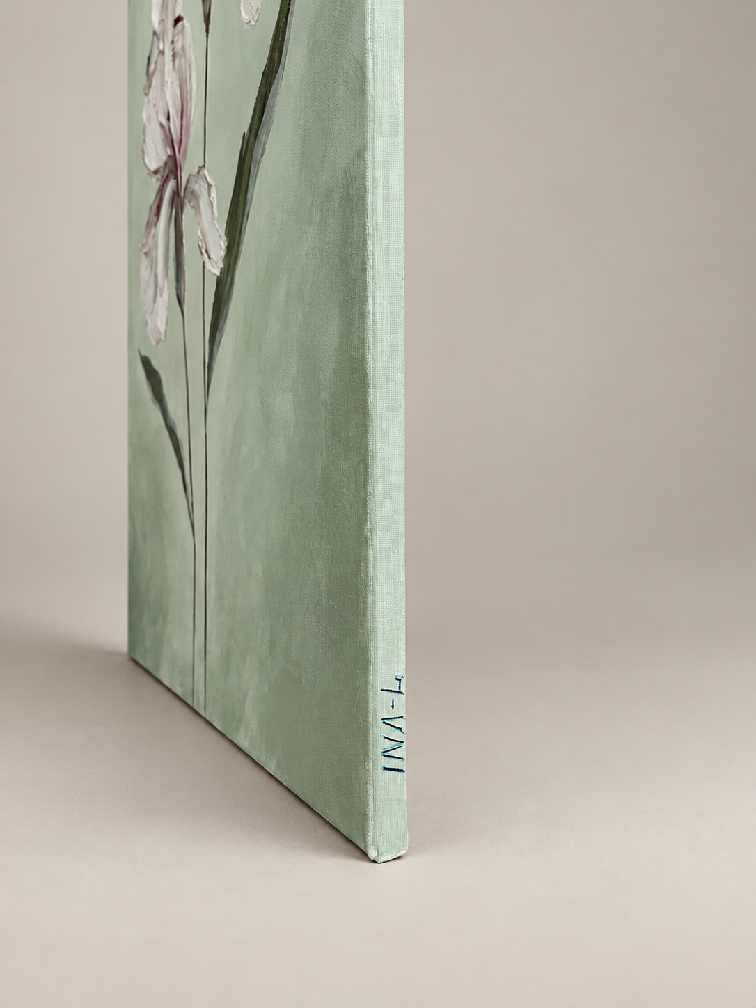 Side view of Pale Elegance, an original acrylic painting on gallery-wrapped canvas, showing the painted edge and artist’s signature.