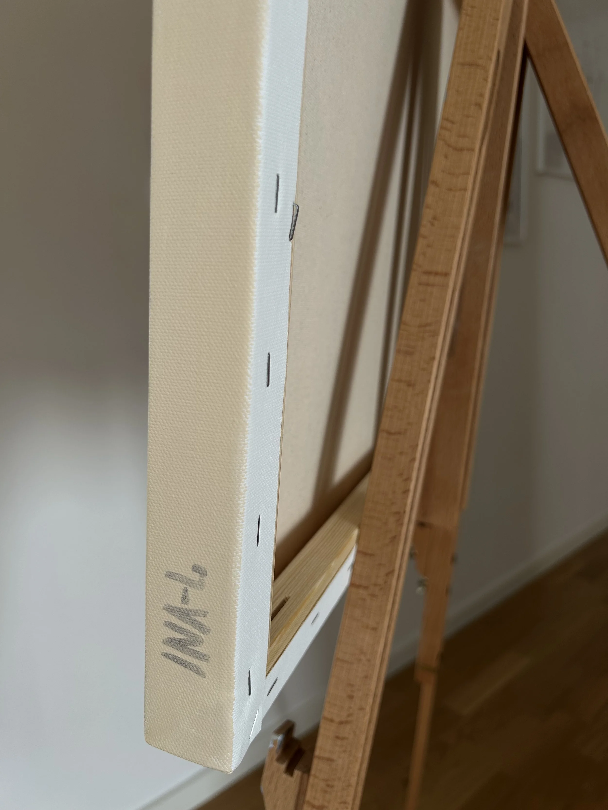 Side view of a 3.5 cm deep stretched canvas with a light painted edge, the artist’s INA-L signature and the stapled reverse visible.