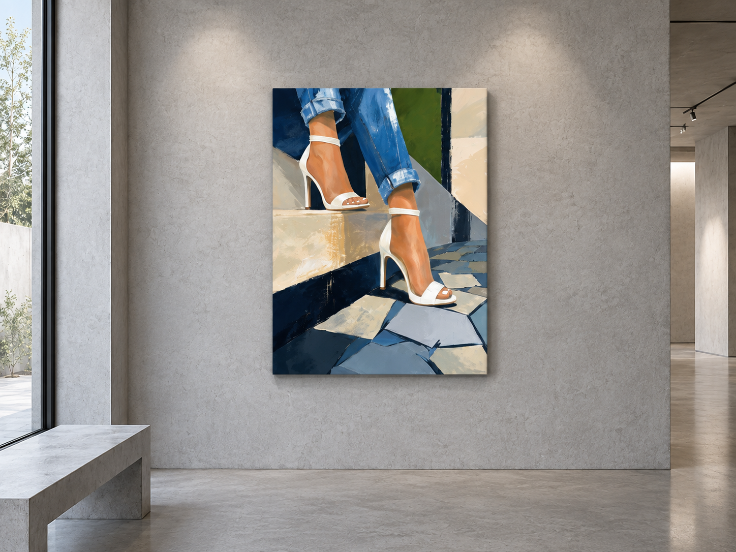 Downward Shift displayed as an original acrylic canvas in a minimalist concrete gallery interior.