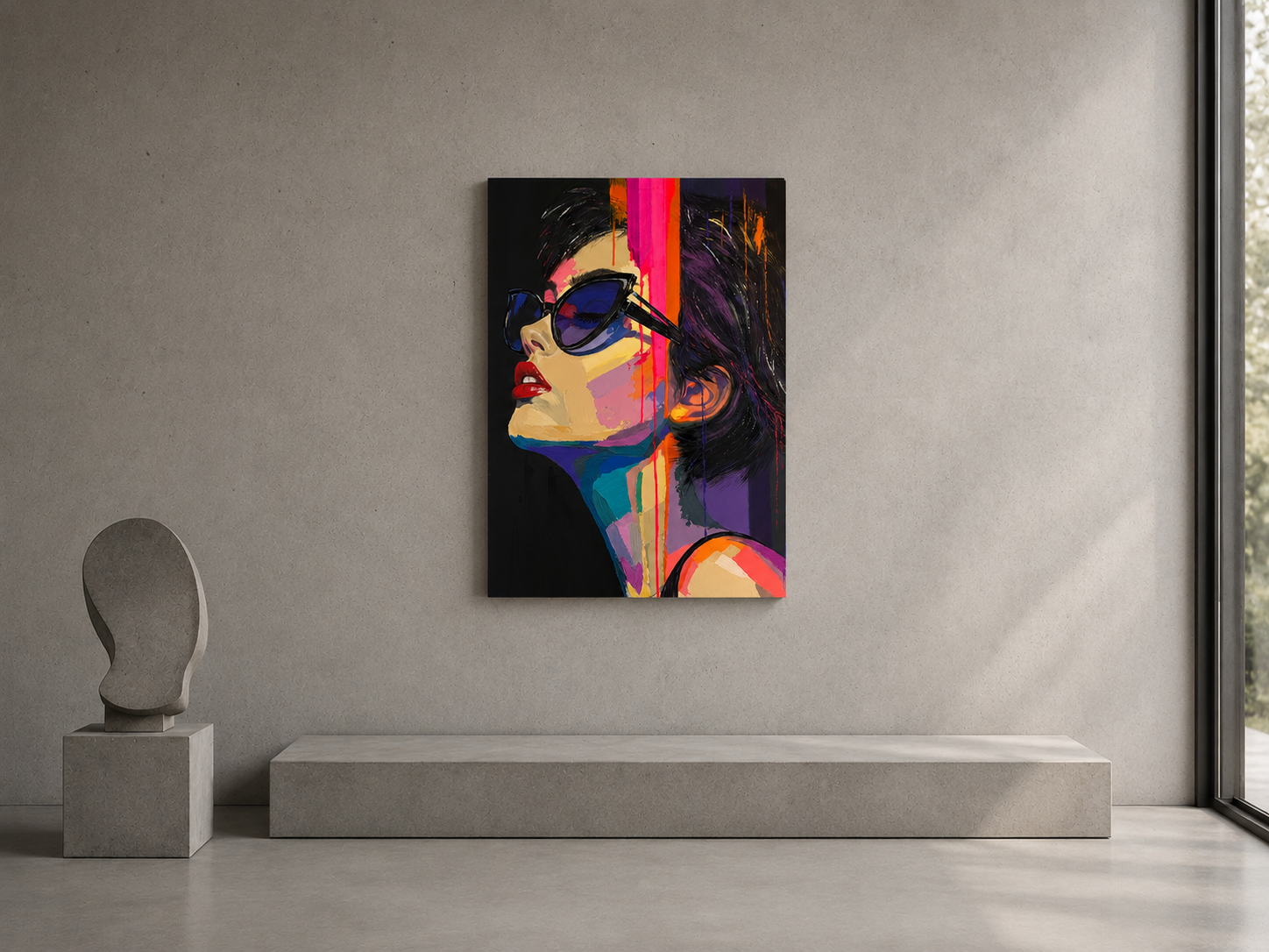 Rose Signal displayed as an unframed vertical canvas on a concrete gallery wall beside a minimal bench and abstract sculpture.