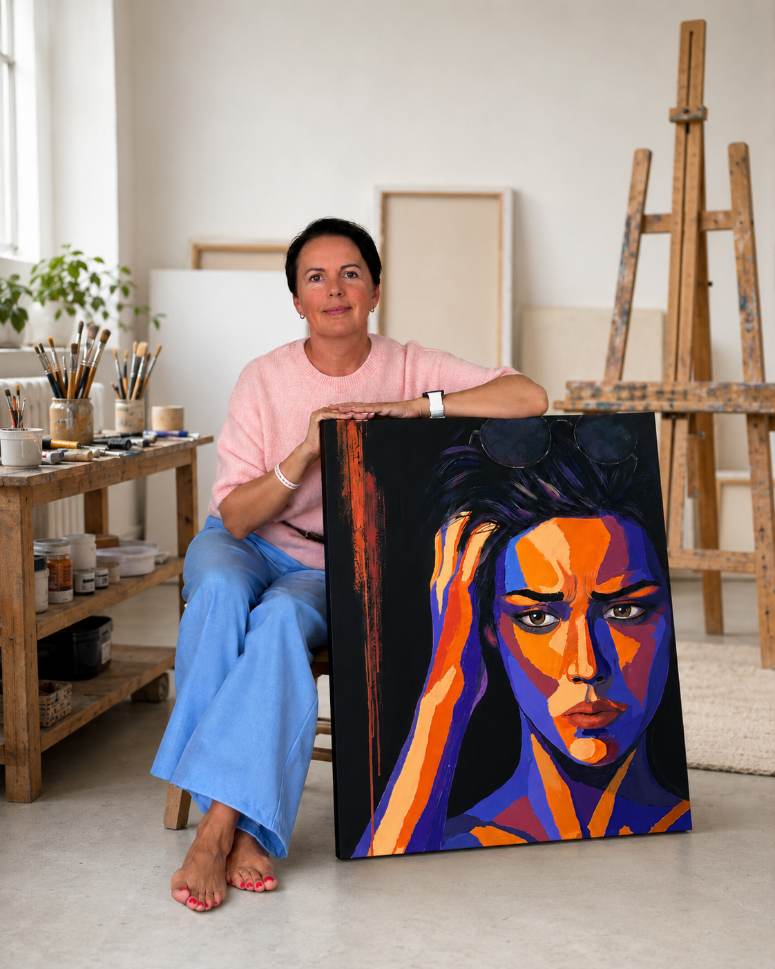 Artist Inesa Levnell seated in her studio holding Orange Static, a vertical acrylic portrait in orange, violet and blue colour planes.
