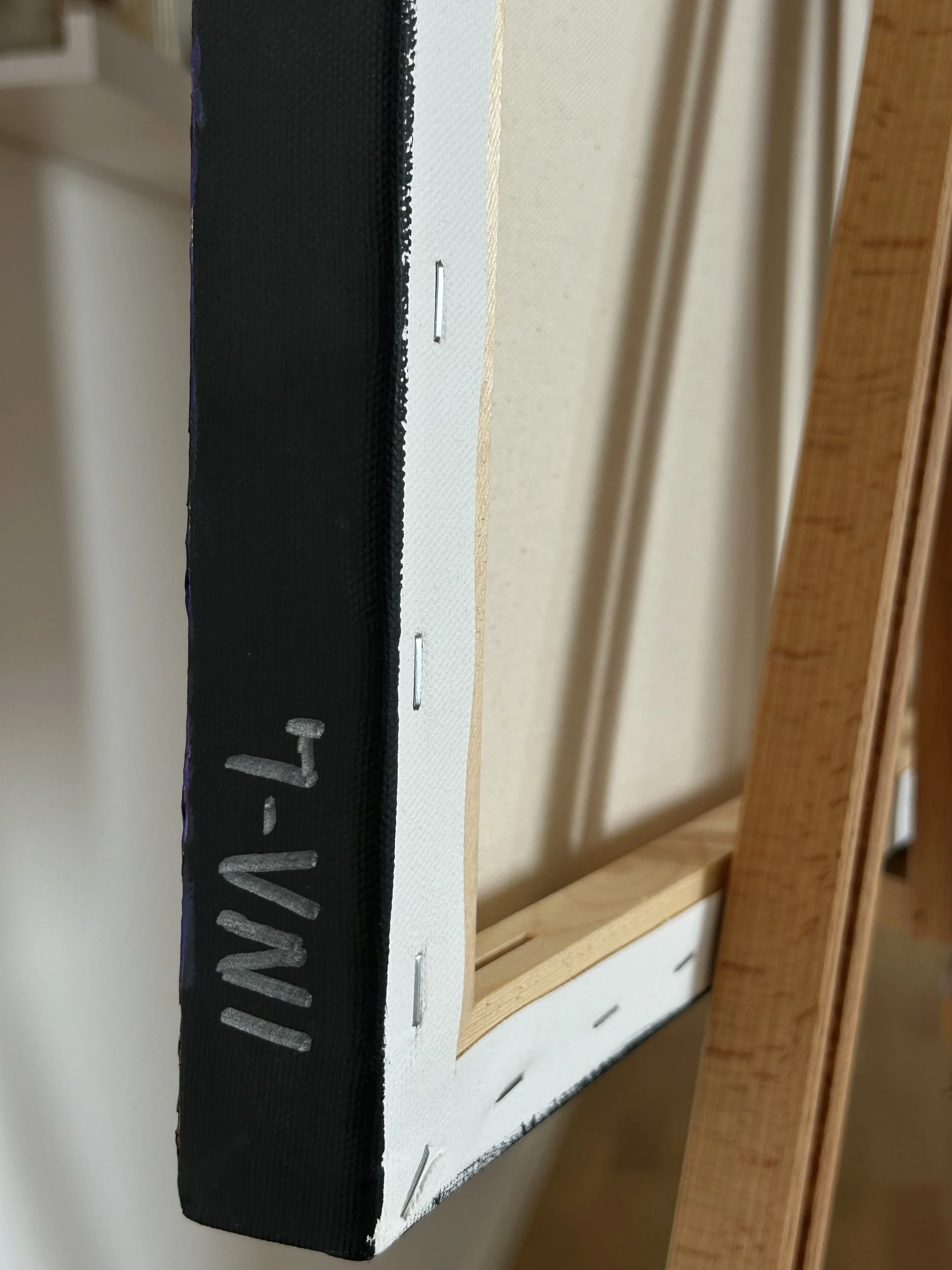 Side view of a 3.5 cm deep stretched canvas with a black painted edge, the artist’s INA-L signature and the stapled reverse visible.