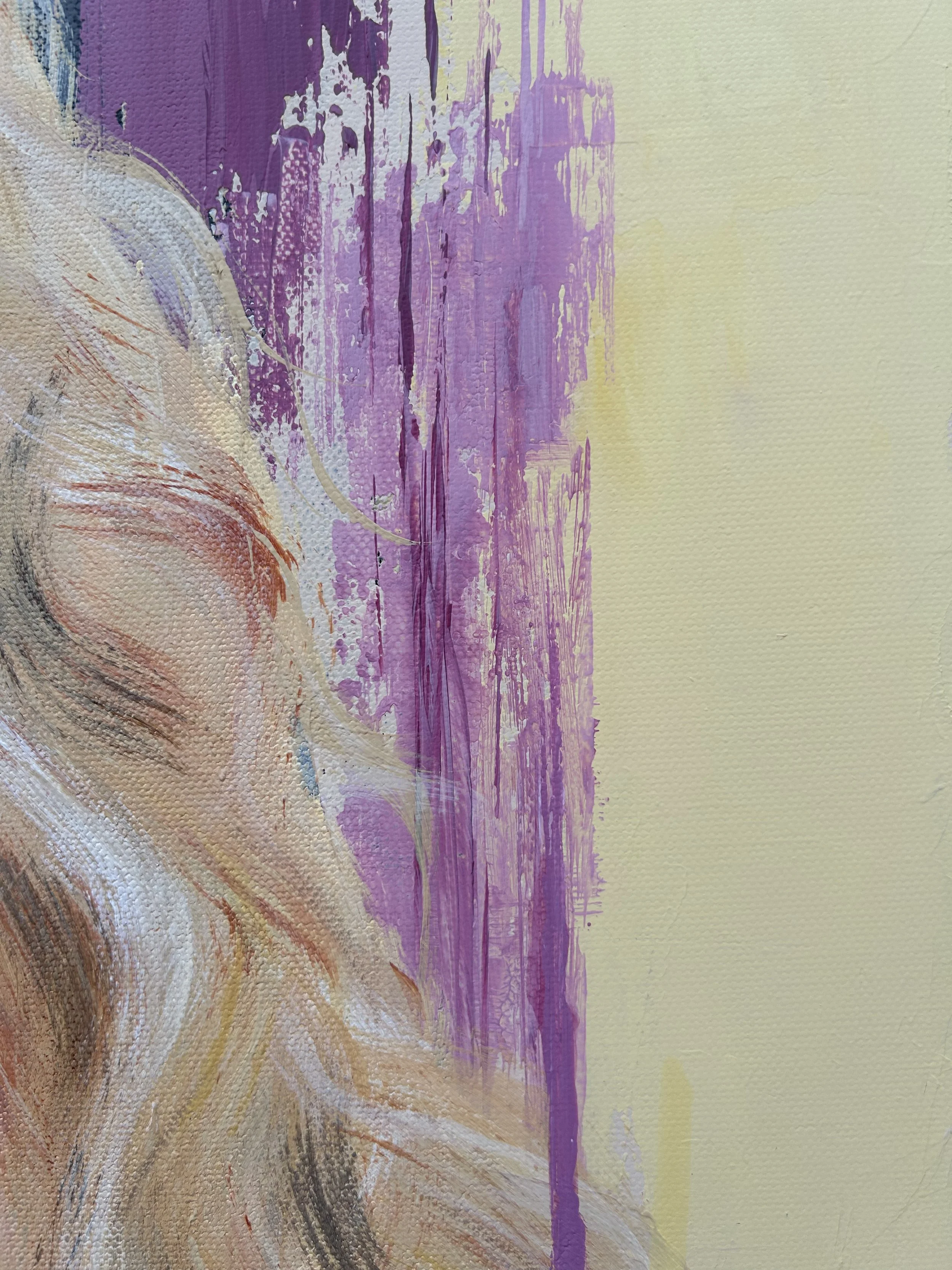 Close-up of Soft Return showing layered blonde curls, visible acrylic brushwork, and vertical purple and yellow paint marks.