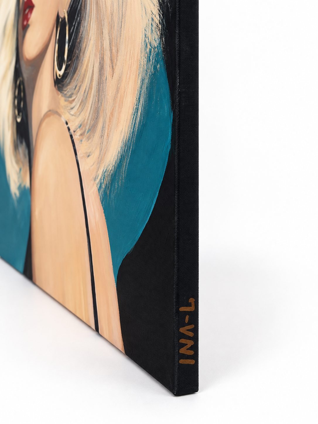 Side view of Beyond Reach, an original acrylic painting on gallery-wrapped canvas, showing the painted edge and artist’s signature.