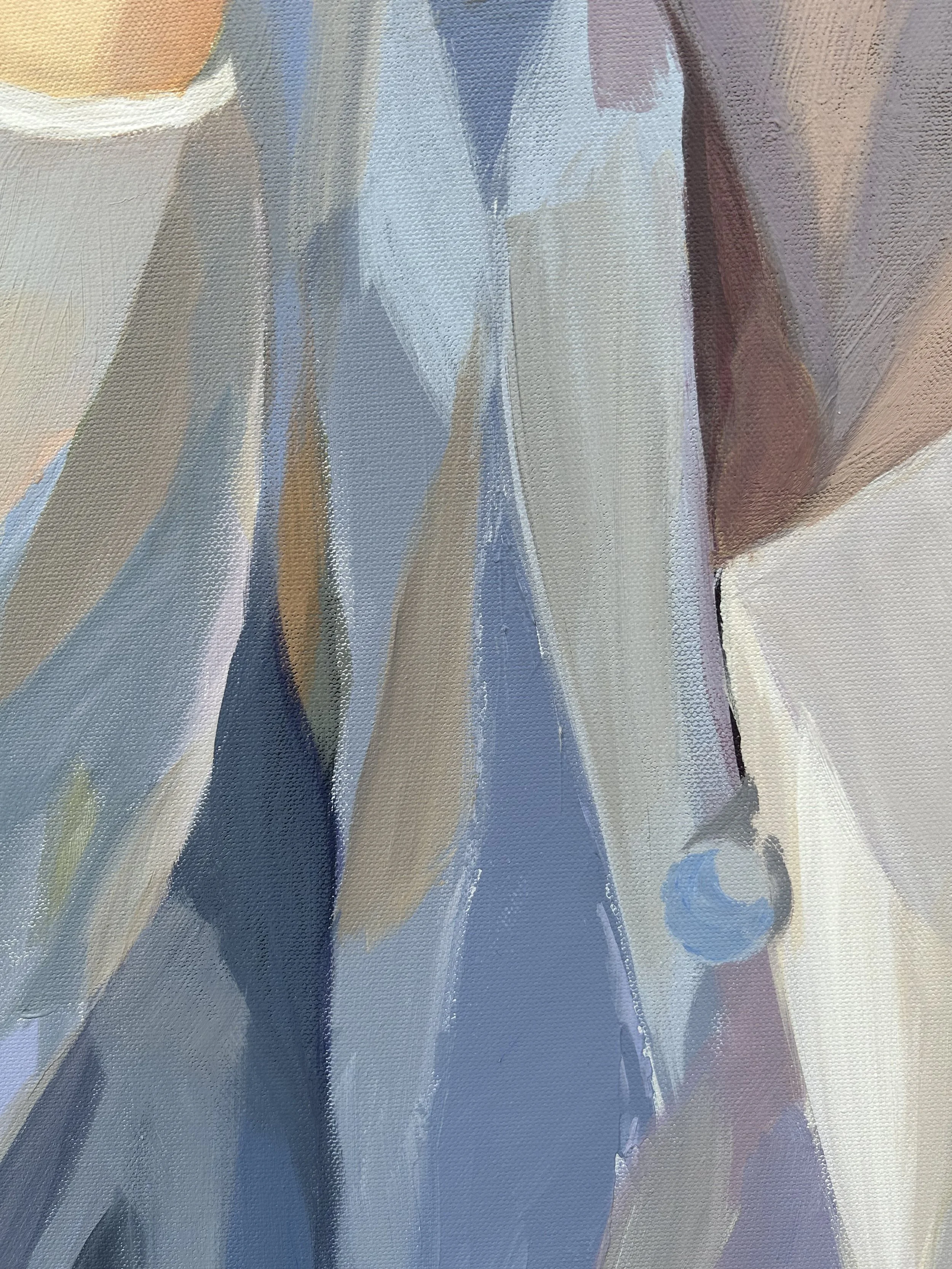 Close-up of Soft Return showing the pale garment painted with broad, soft colour planes in blue, grey, beige and white.