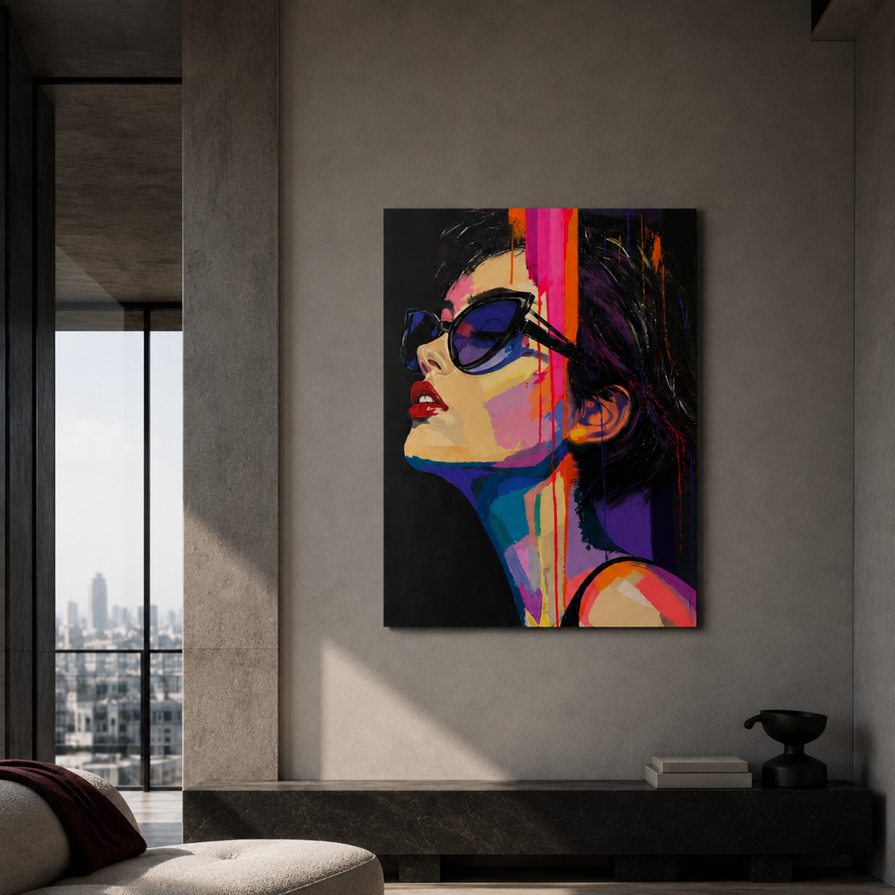Rose Signal, a vertical acrylic portrait of a woman in dark sunglasses, displayed as an unframed canvas in a modern light interior.