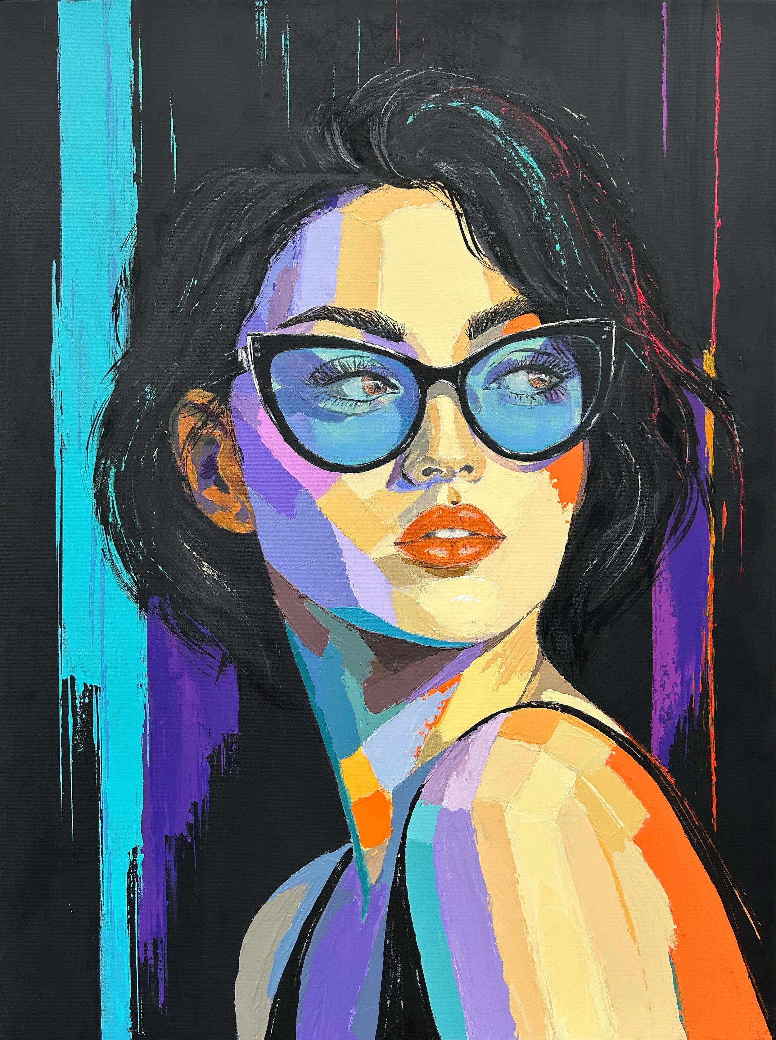 Blue Distance, a vertical acrylic portrait of a dark-haired woman wearing blue-tinted glasses, painted with bold turquoise, violet, orange and beige colour planes.