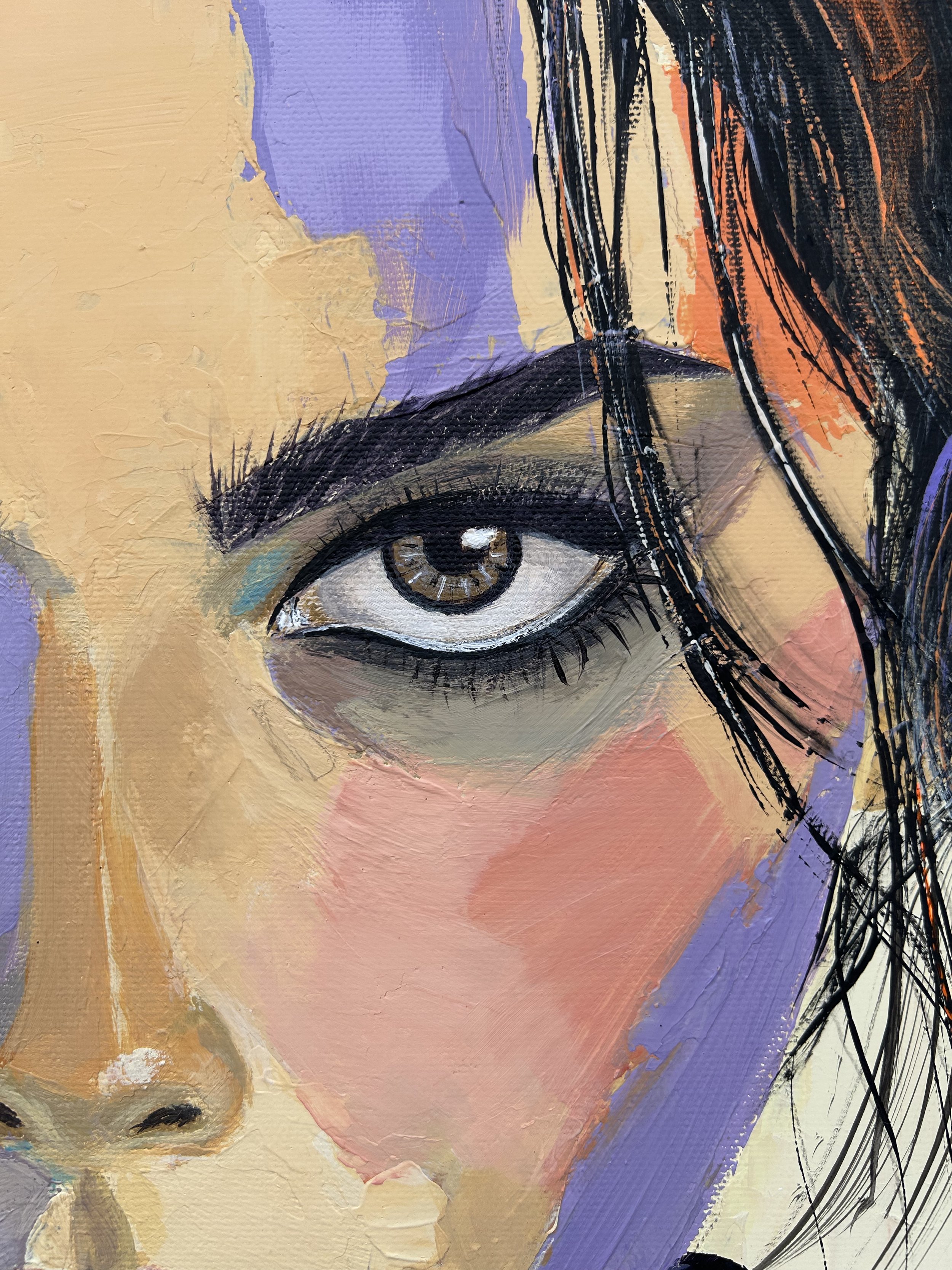 Close-up of Black Current showing one eye, strong eyebrow and facial colour planes in muted ochre, violet, dusty rose and turquoise.